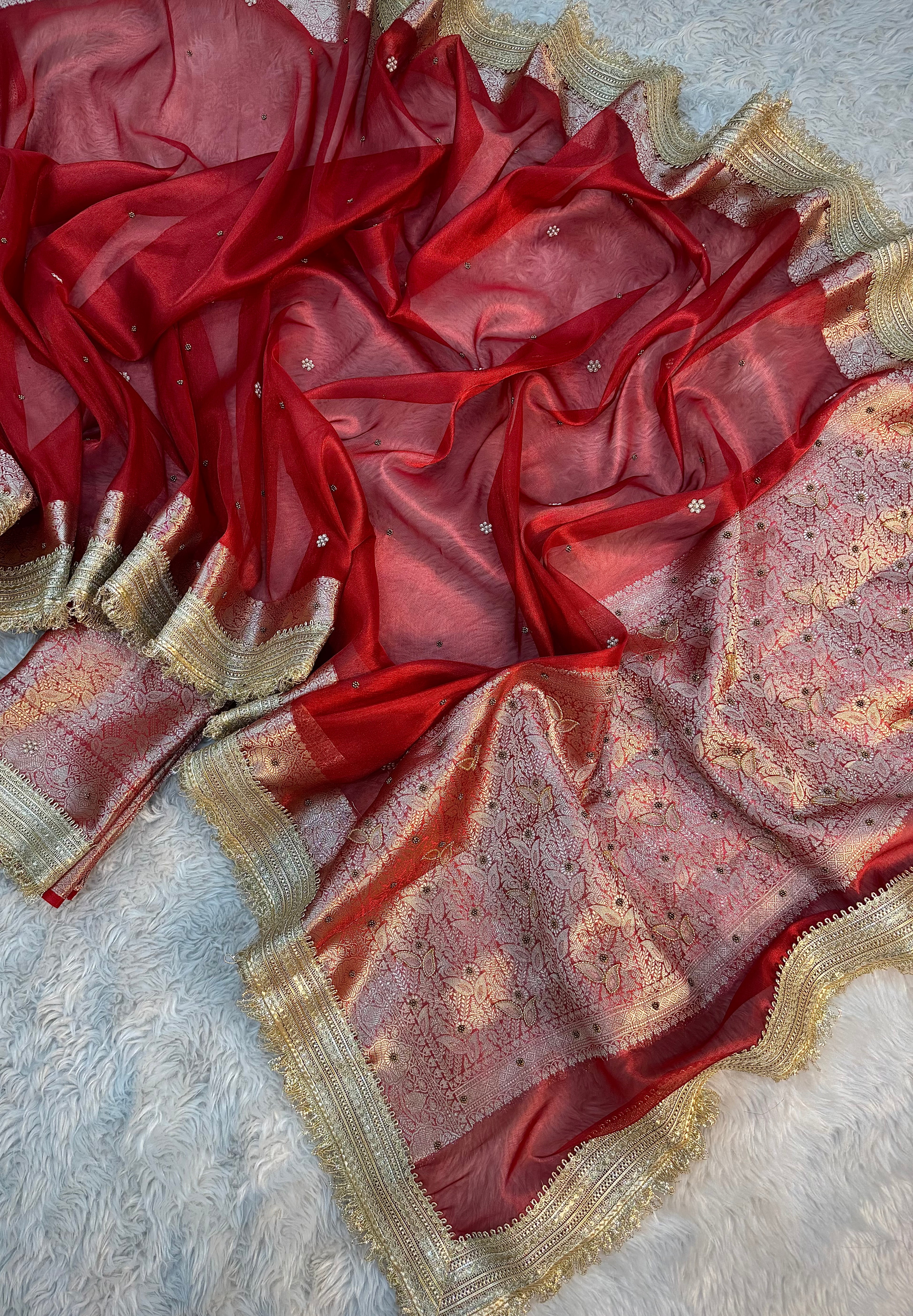 LUXURIOUS BRIDAL RED SHADE SOFT TISSUE SILK WITH PREMIUM HAND EMBROIDERY AND LACE WORK