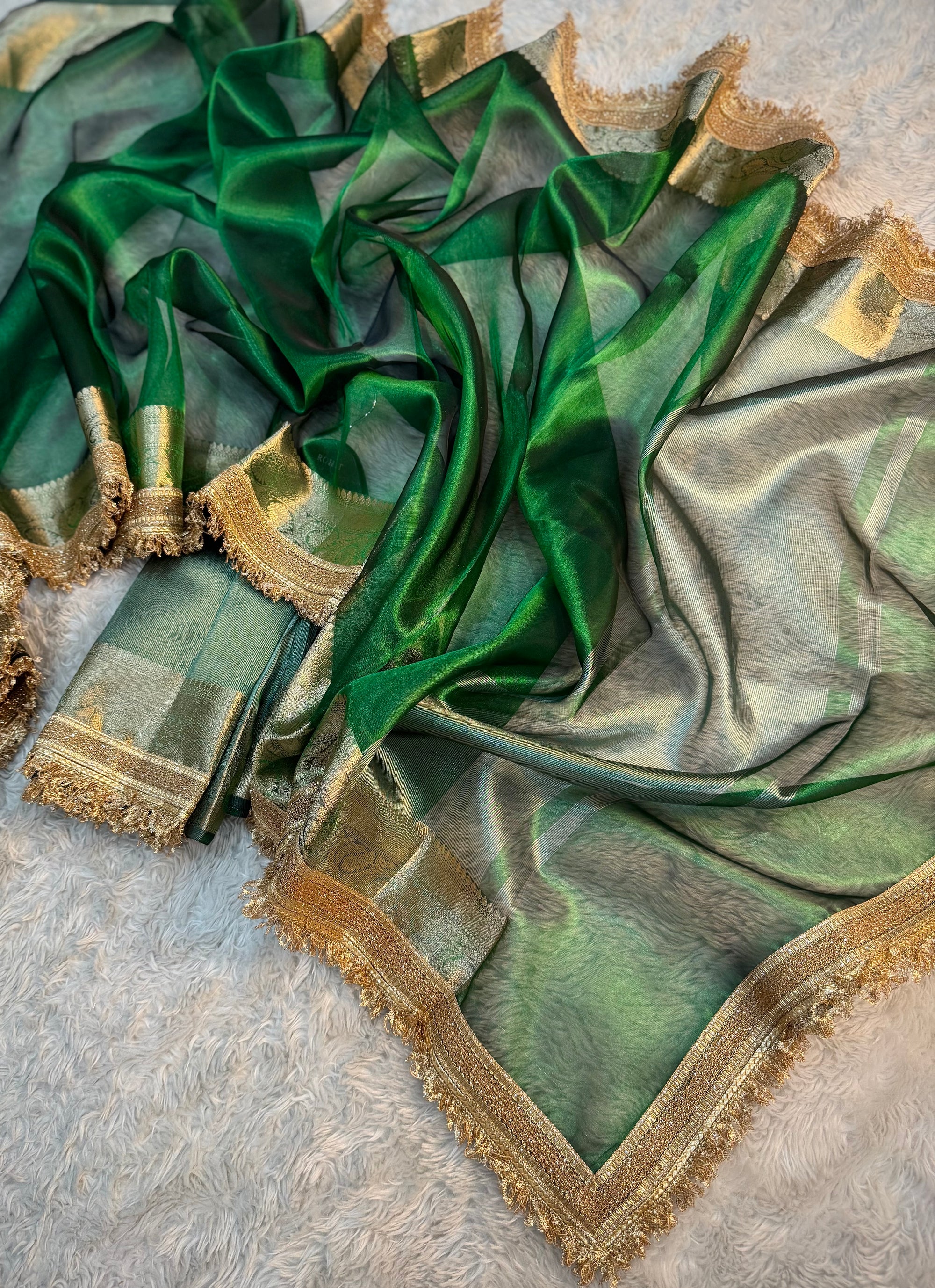 PREMIUM EMERALD GREEN SHADE SOFT TISSUE SILK SAREE WITH LACE ATTACHED