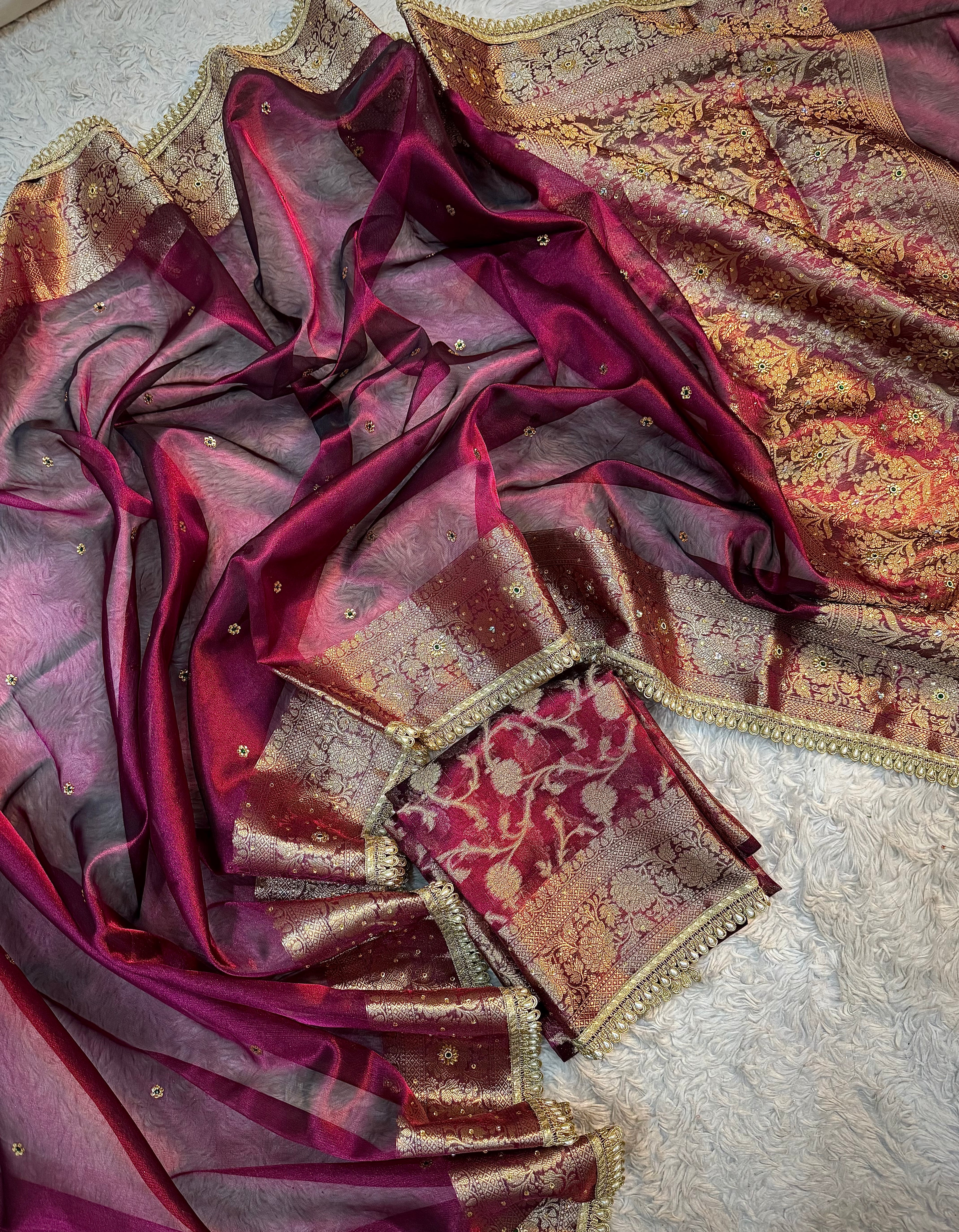 EXCLUSIVE WINE SHADE SOFT TISSUE SILK SAREE DESIGNER HAND STONE WORK WITH LACE ATTACHED