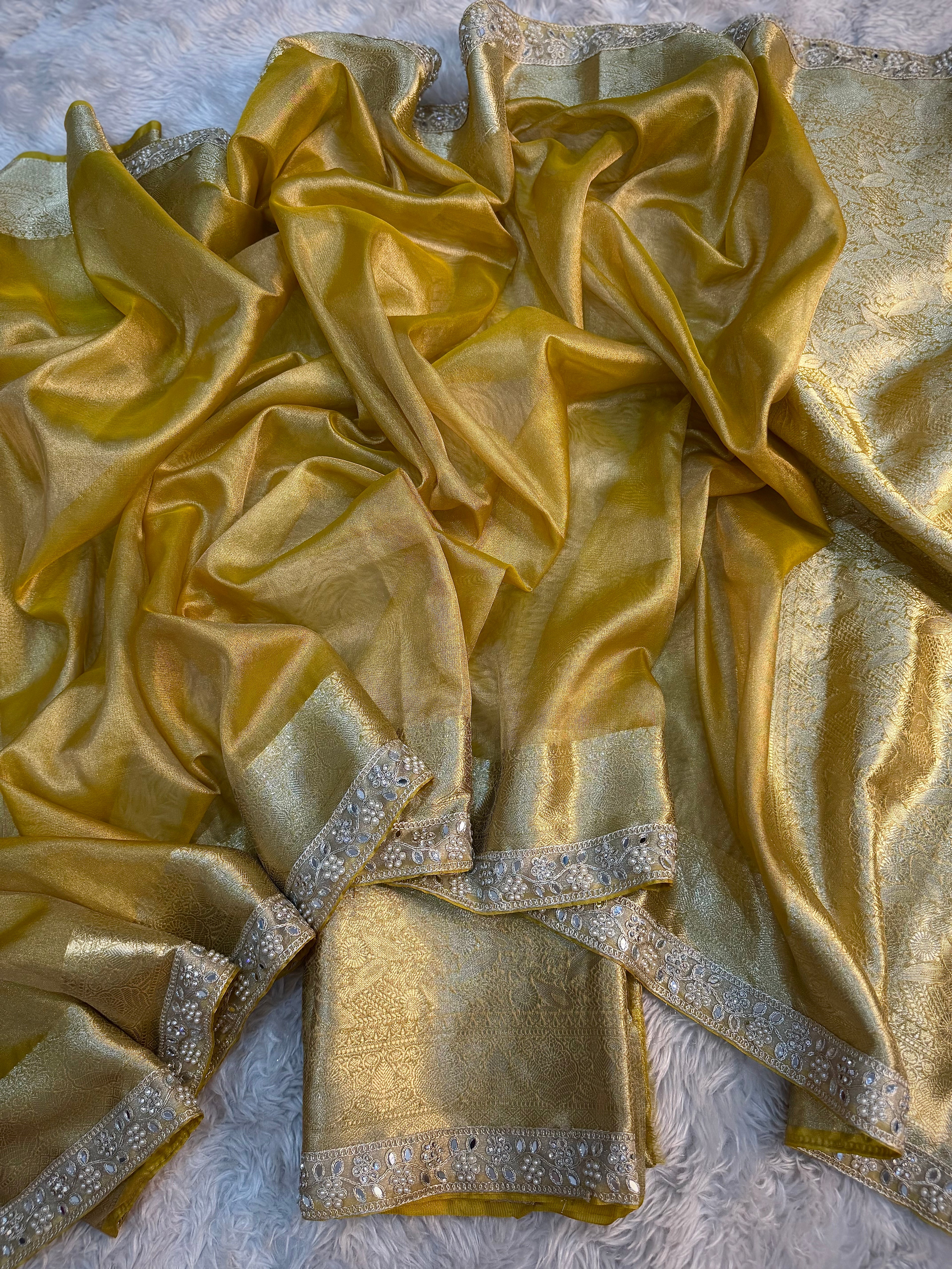 PREMIUM YELLOW SHADE SOFT TISSUE SILK SAREE WITH MOTI LACE ATTACHED