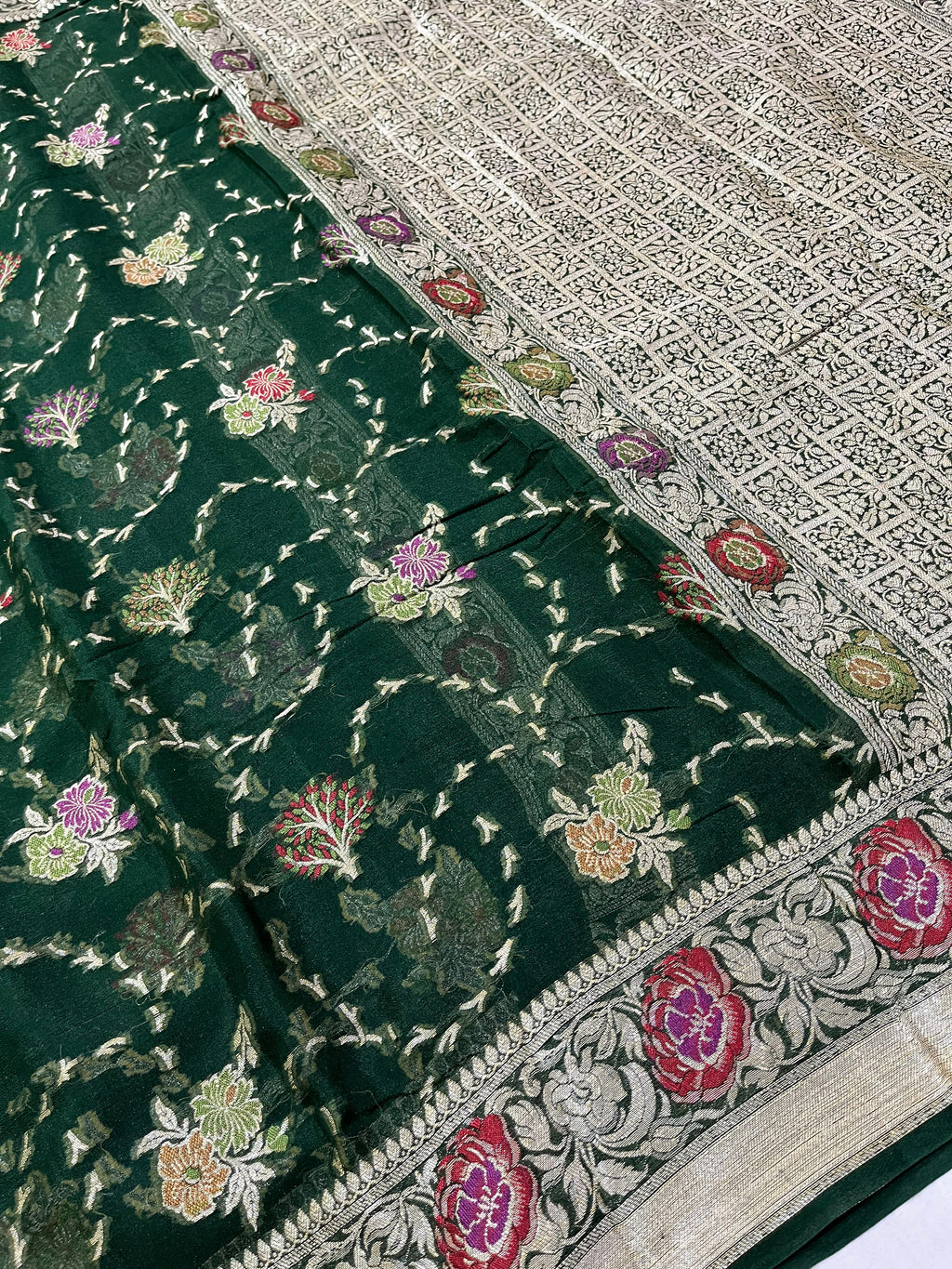 PREMIUM BOTTLE GREEN SHADE PURE KHADDI GEORGETTE SILK SAREE WITH BEAUTIFUL HAND-BRUSH