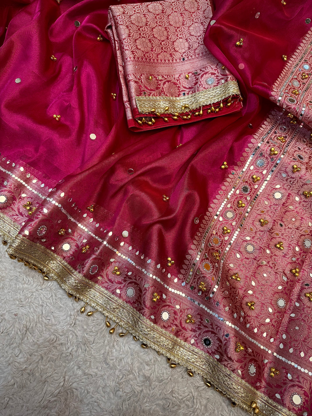 PREMIUM HOT RANI SHADE SOFT BANARASI TISSUE SILK GHUNGROO WORK WITH MIRROR WORK DESIGNER SAREE