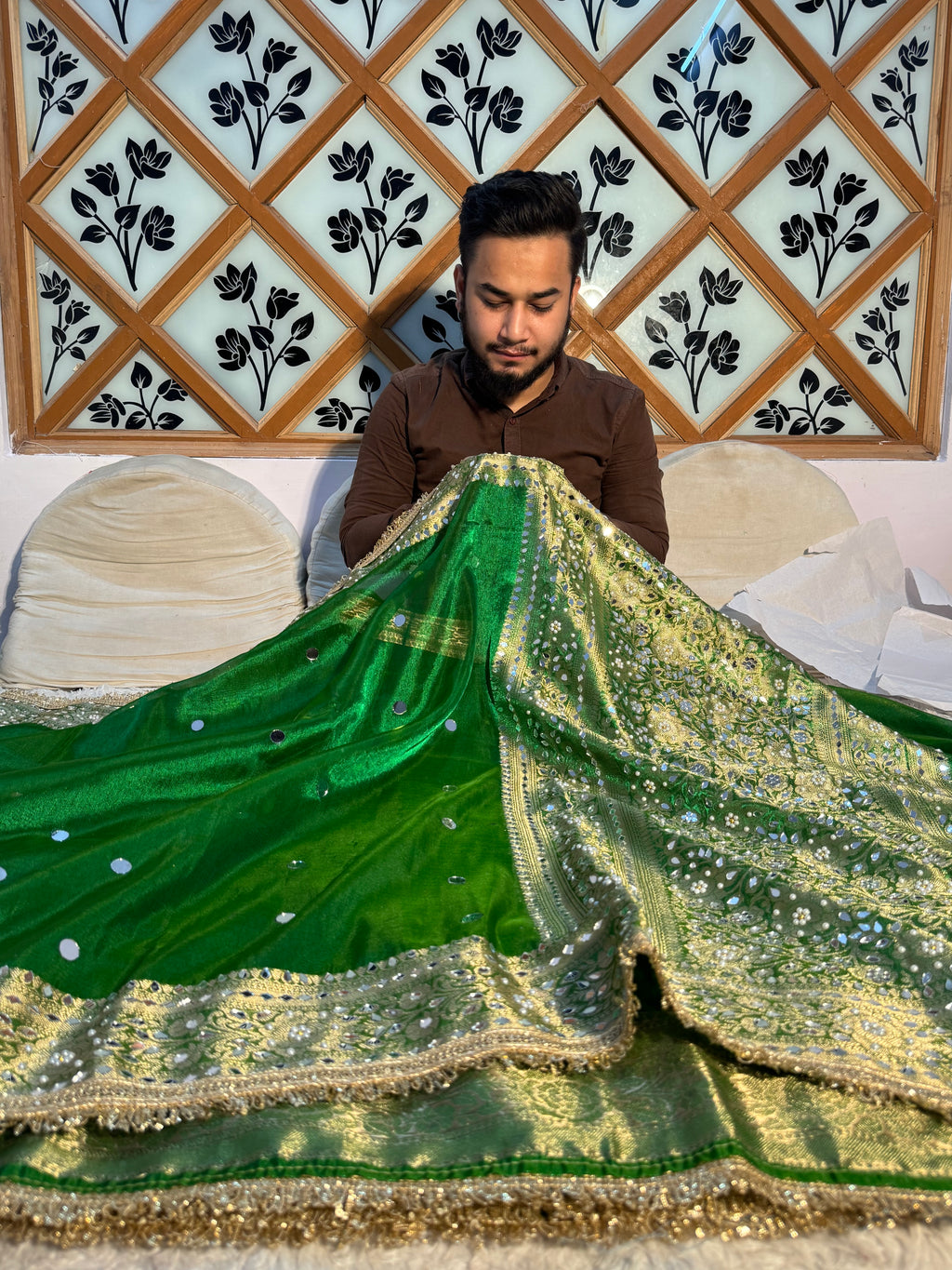 STONE WORK+MIRROR WORK BOTTLE GREEN SOFT TISSUE SILK DESIGNER SAREE