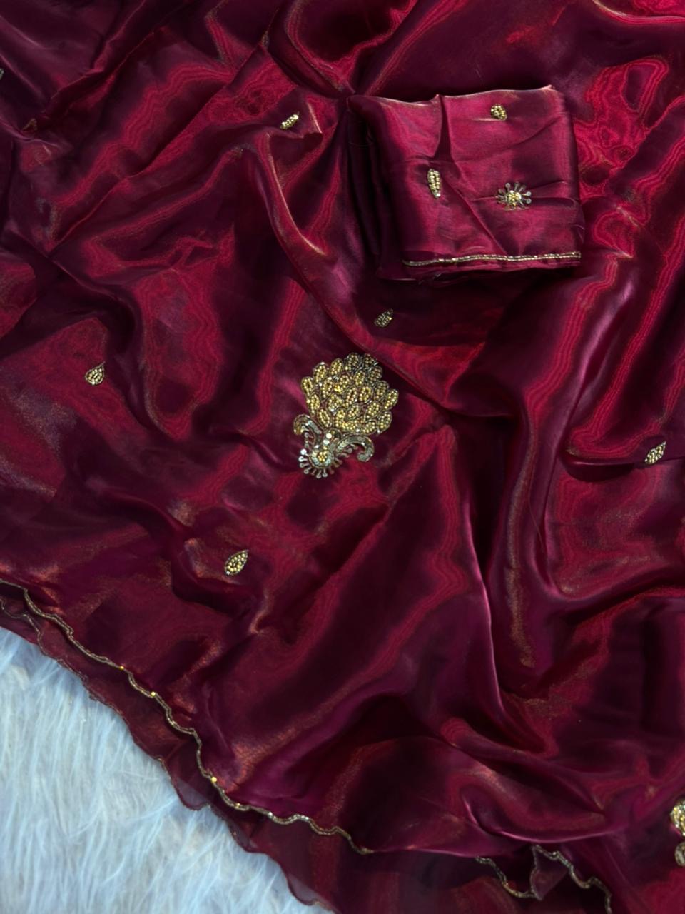 PREMIUM RED SHADE SHIMMERY TISSUE SILK HAND WORK CUTDANA SAREE