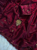 PREMIUM RED SHADE SHIMMERY TISSUE SILK HAND WORK CUTDANA SAREE