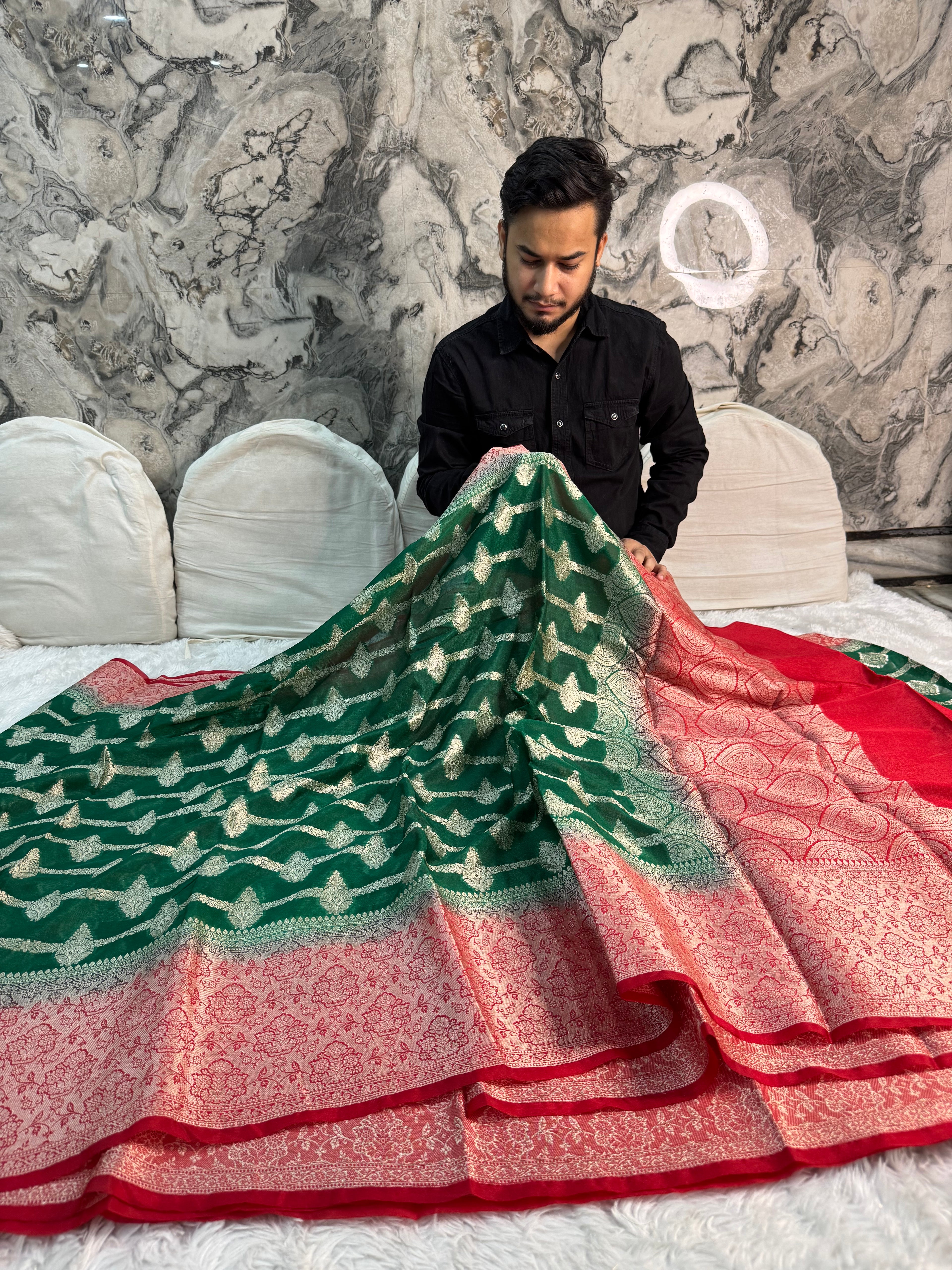 GREEN AND RED SHADE GEORGETTE BANARASI SAREE