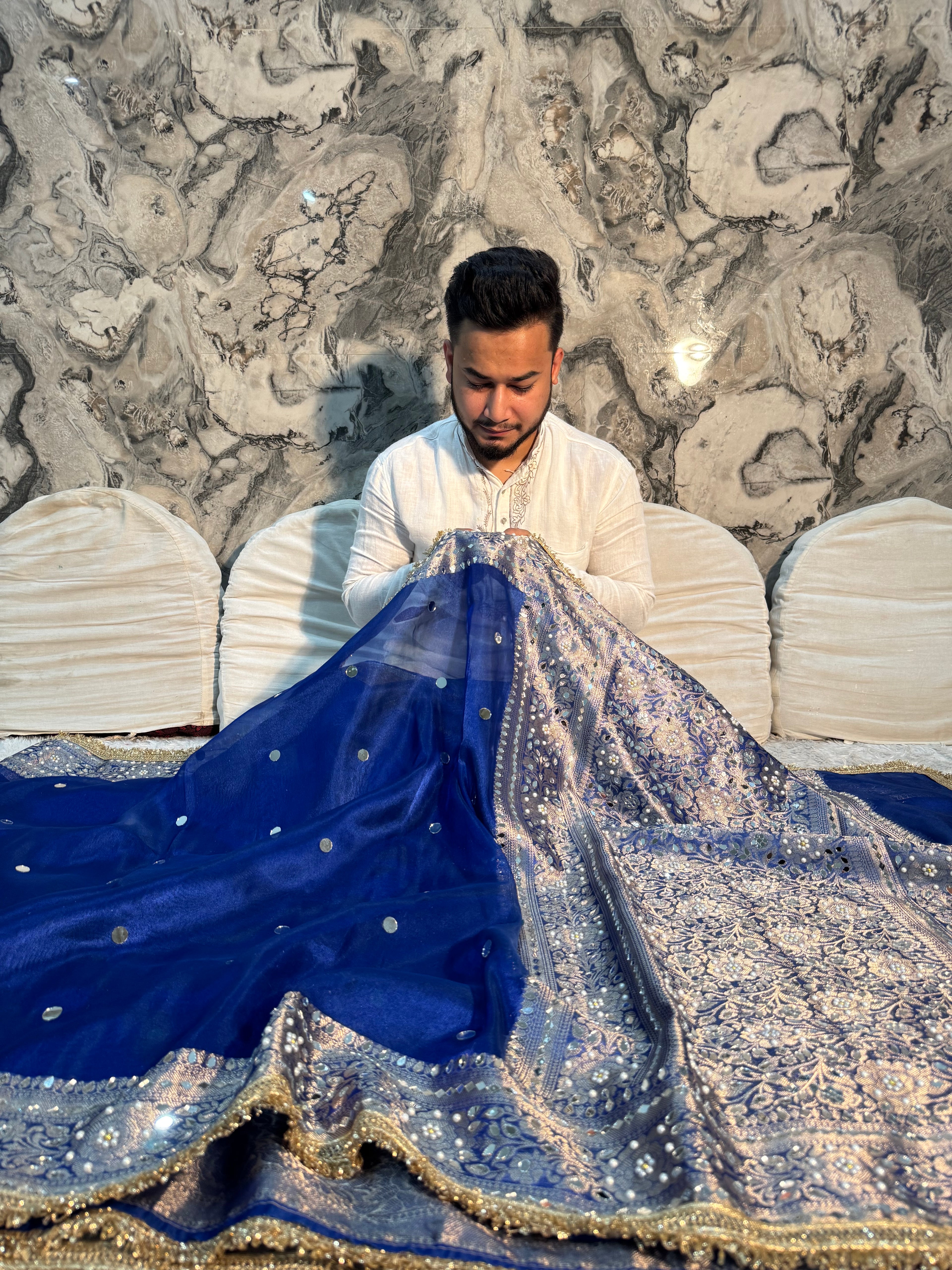 EXCLUSIVE ROYAL BLUE SHADE SOFT TISSUE SILK MIRROR WORK DESIGNER SAREE