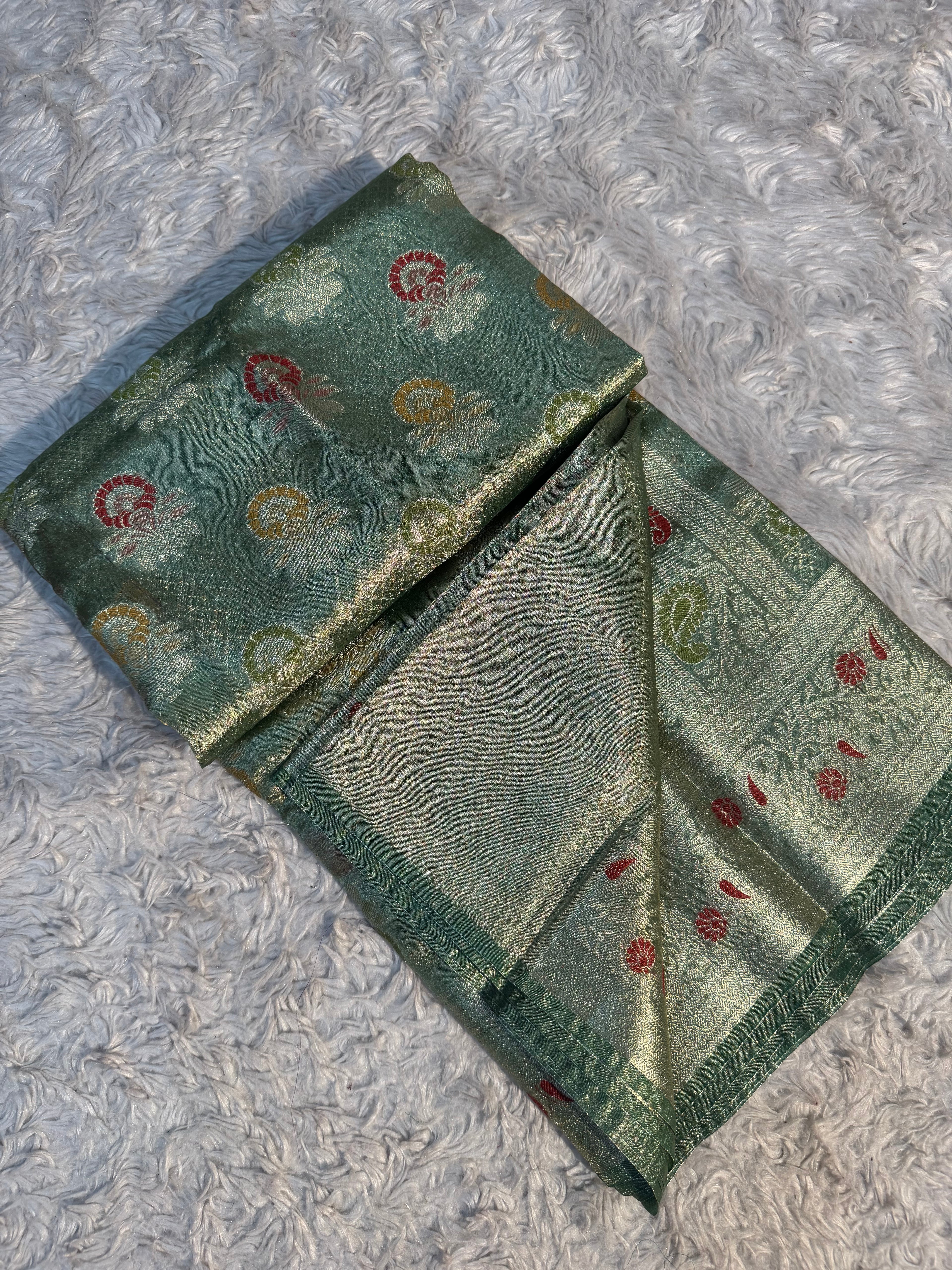 METALLIC GREEN SHADE SOFT TISSUE SILK SAREE