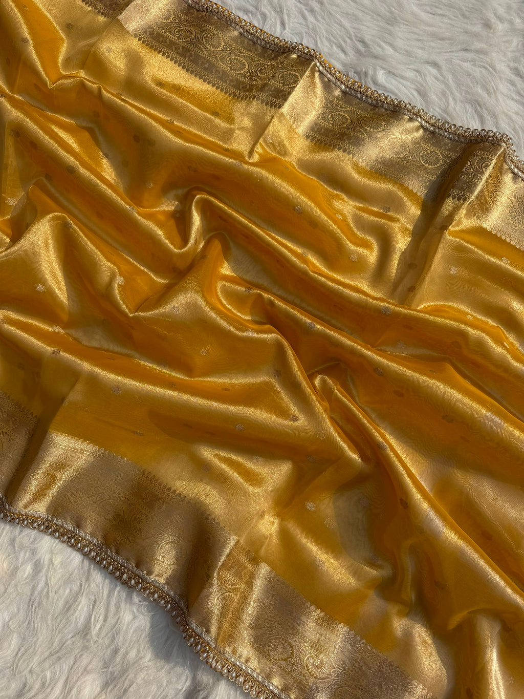 PREMIUM YELLOW DESIGNER TISSUE SILK BOOTI SAREE WITH LACE ATTACHED