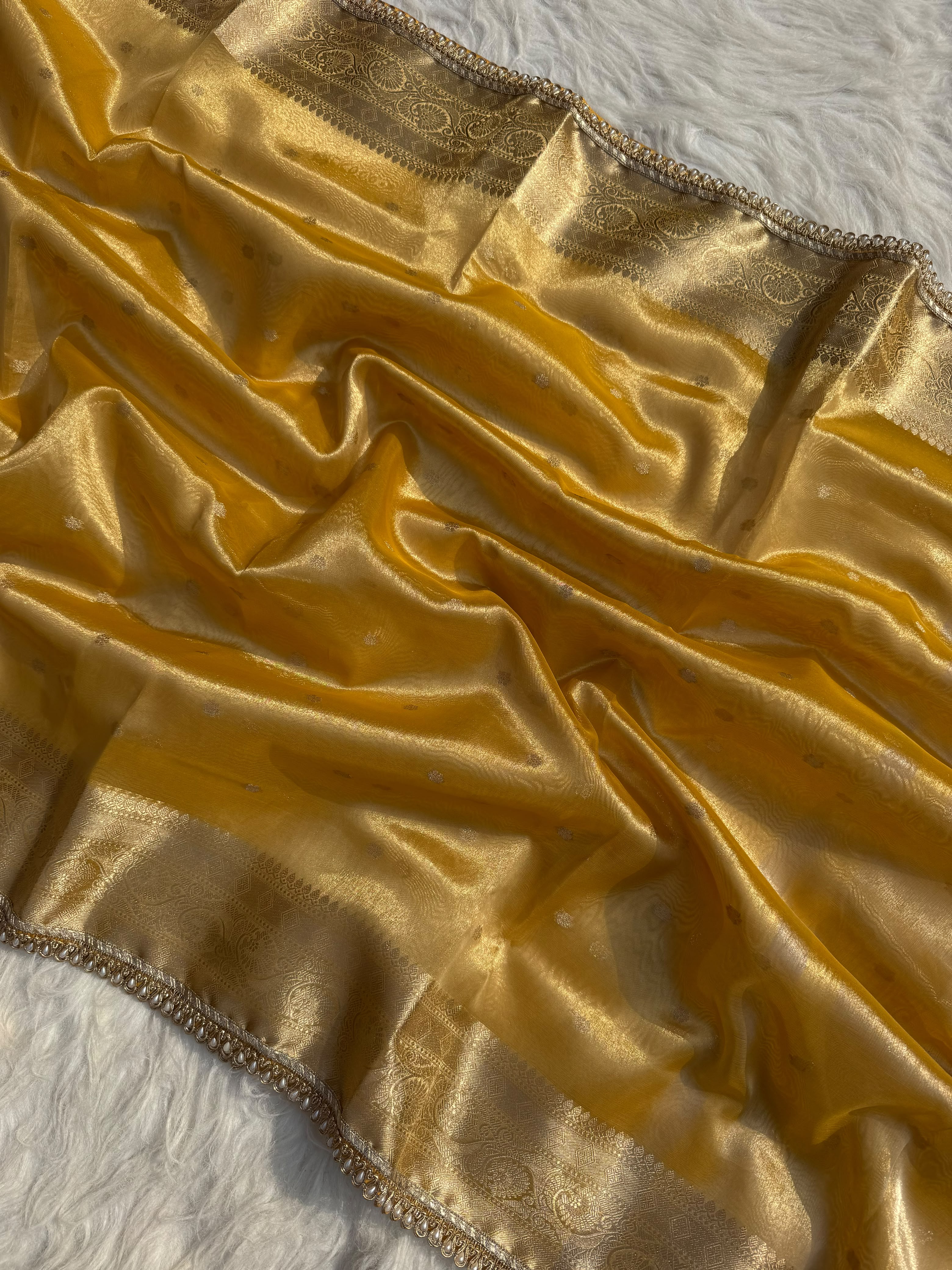PREMIUM YELLOW DESIGNER TISSUE SILK BOOTI SAREE WITH LACE ATTACHED