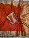 PREMIUM RUST SHADE GHUNGROO WORK SOFT BANARASI TISSUE SILK DESIGNER SAREE