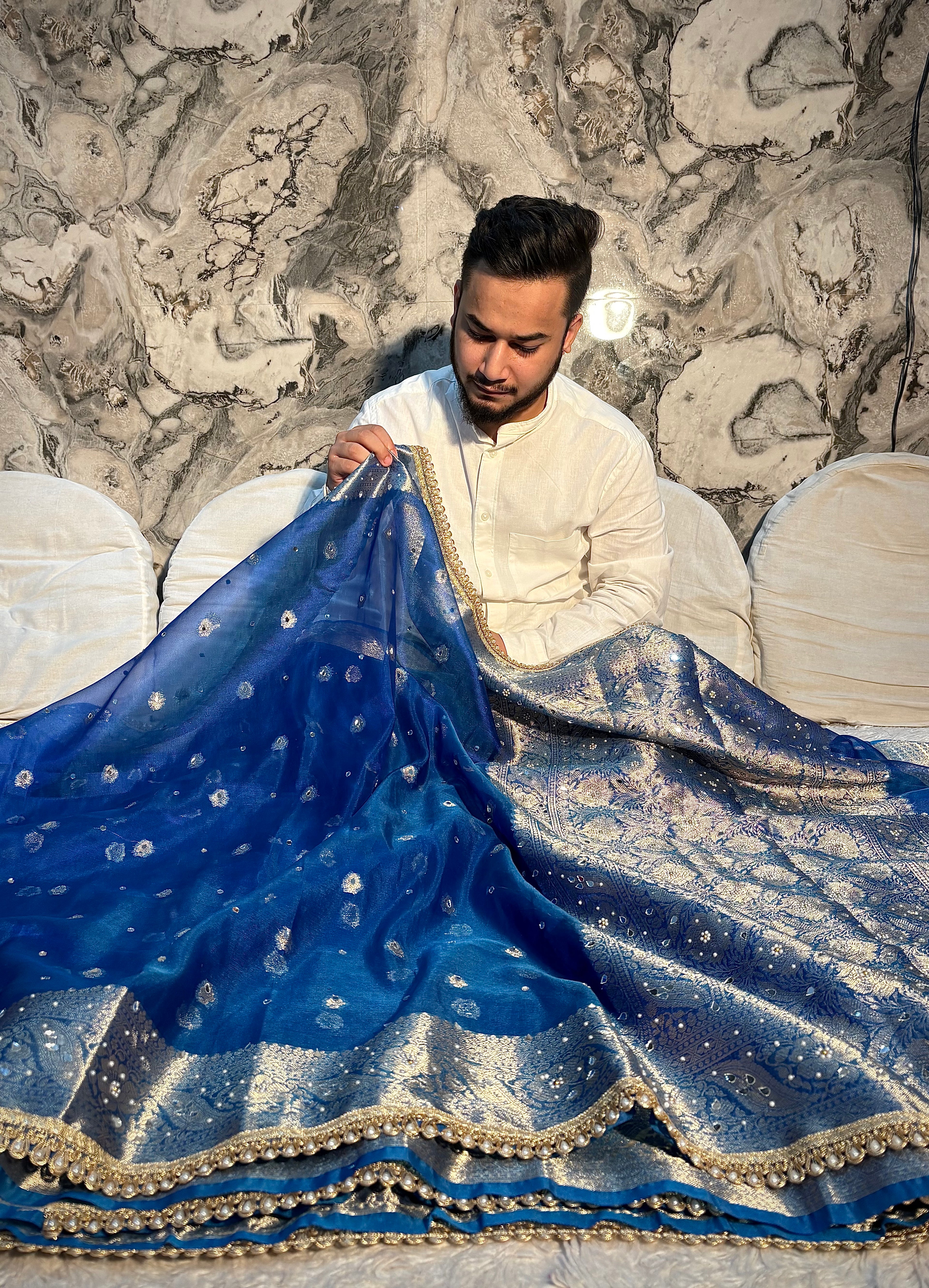 PREMIUM ROYAL BLUE SHADE BANARASI SOFT TISSUE SILK WITH MIRROR WORK DESIGNER SAREE