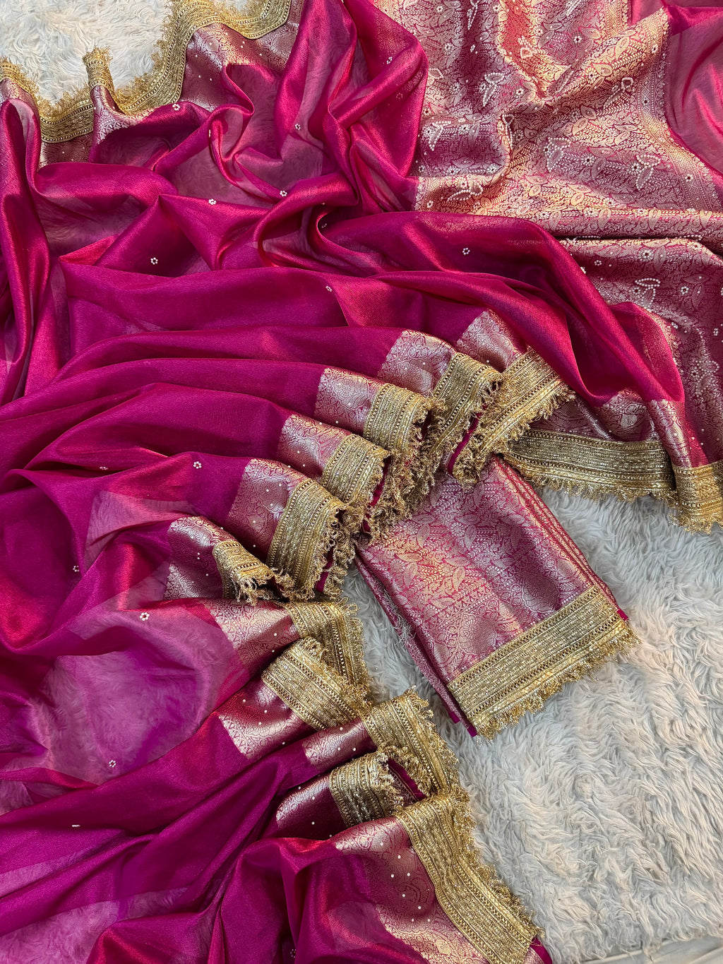 LUXURIOUS RANI SHADE SOFT TISSUE SILK SAREE HAND STONE WORK WITH LACE ATTACHED