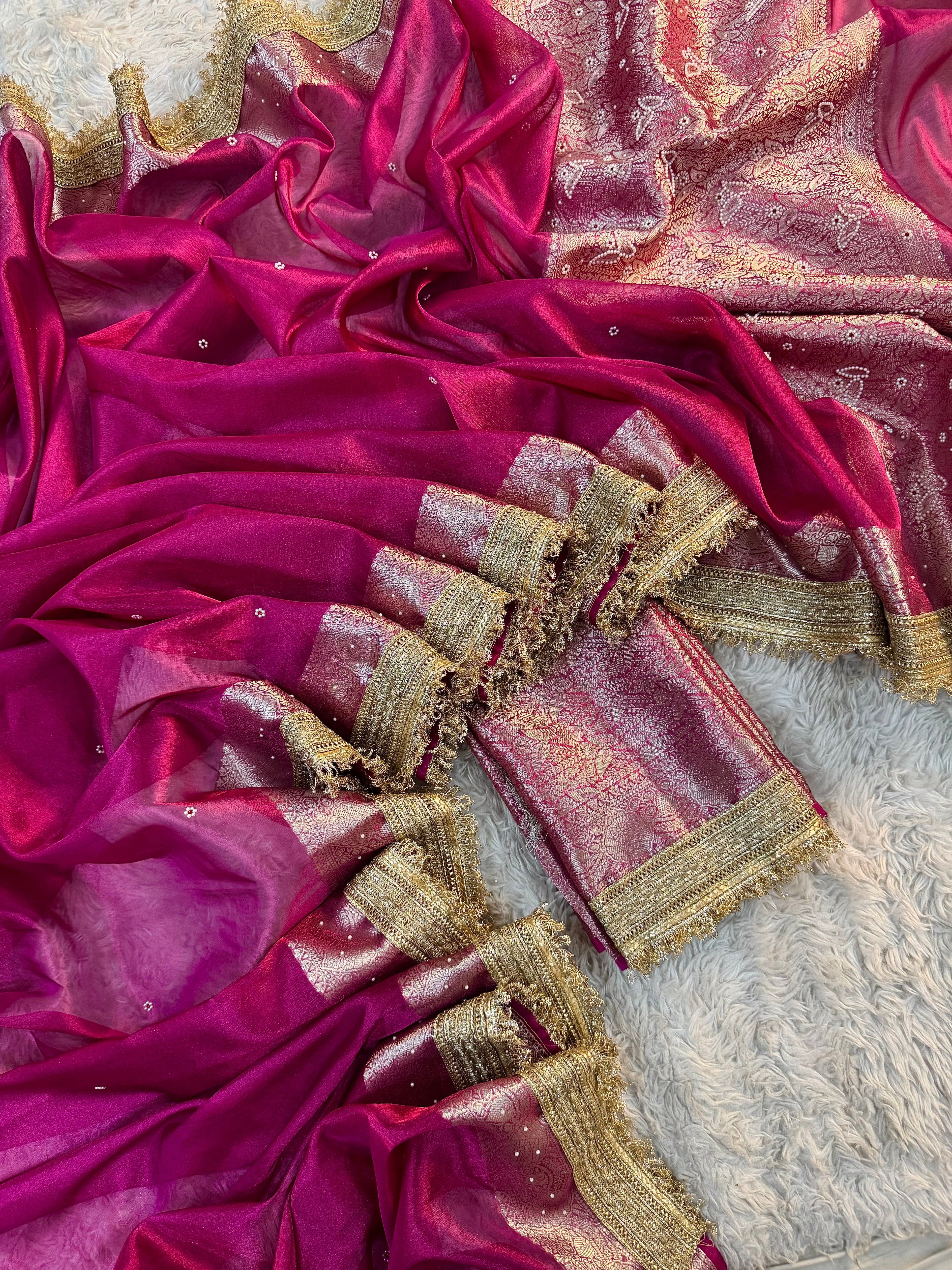 LUXURIOUS RANI SHADE SOFT TISSUE SILK SAREE HAND STONE WORK WITH LACE ATTACHED