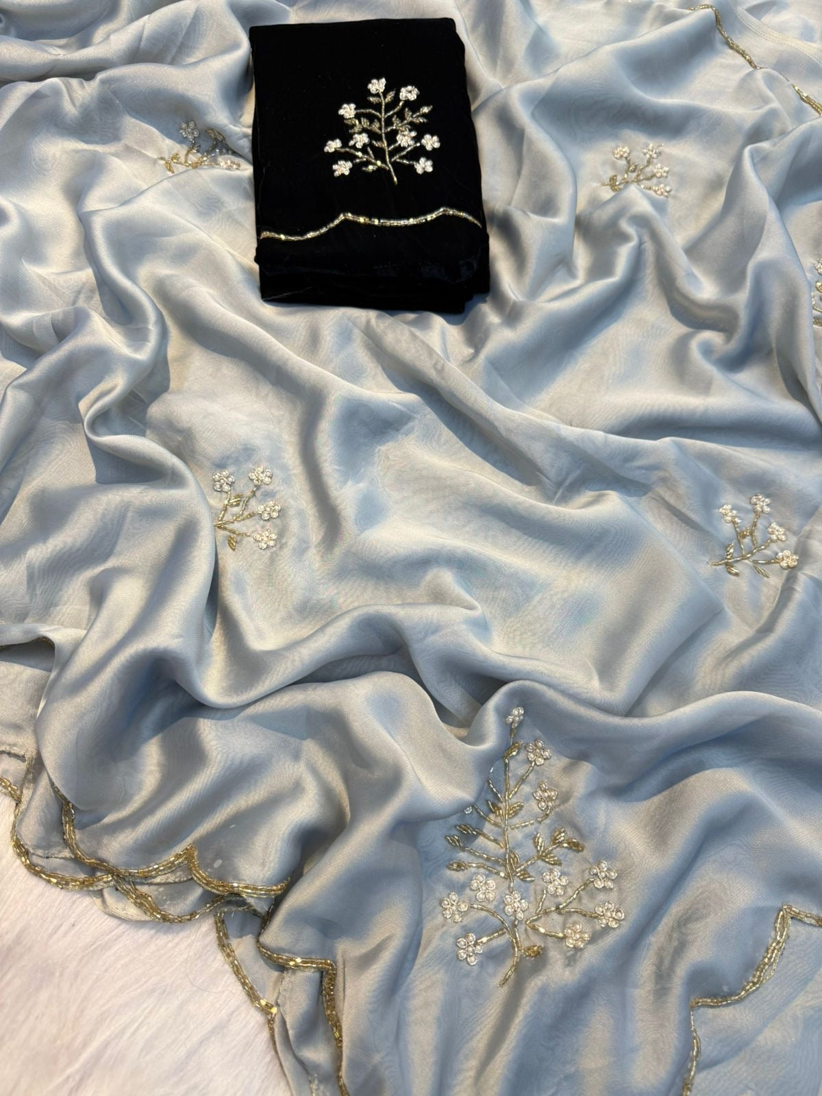 LUXURIOUS LIGHT GREY CREPE SILK CUTDANA ZARDOZI WORK ALL OVER BODY AND BORDER