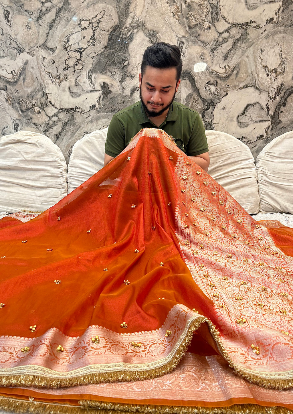 PREMIUM RUST SHADE GHUNGROO WORK SOFT BANARASI TISSUE SILK DESIGNER SAREE