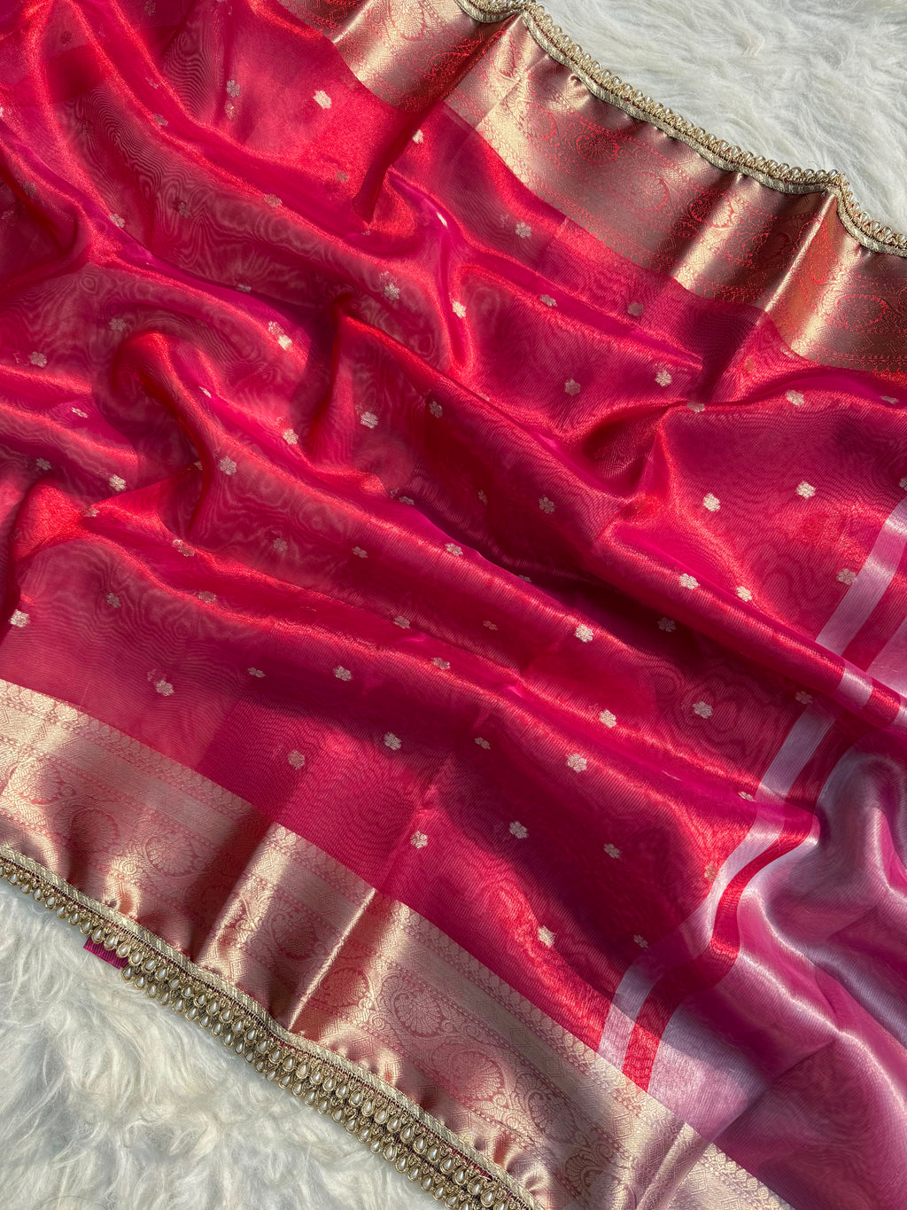 PREMIUM RED SHADE DESIGNER TISSUE SILK BOOTI SAREE WITH LACE ATTACHED