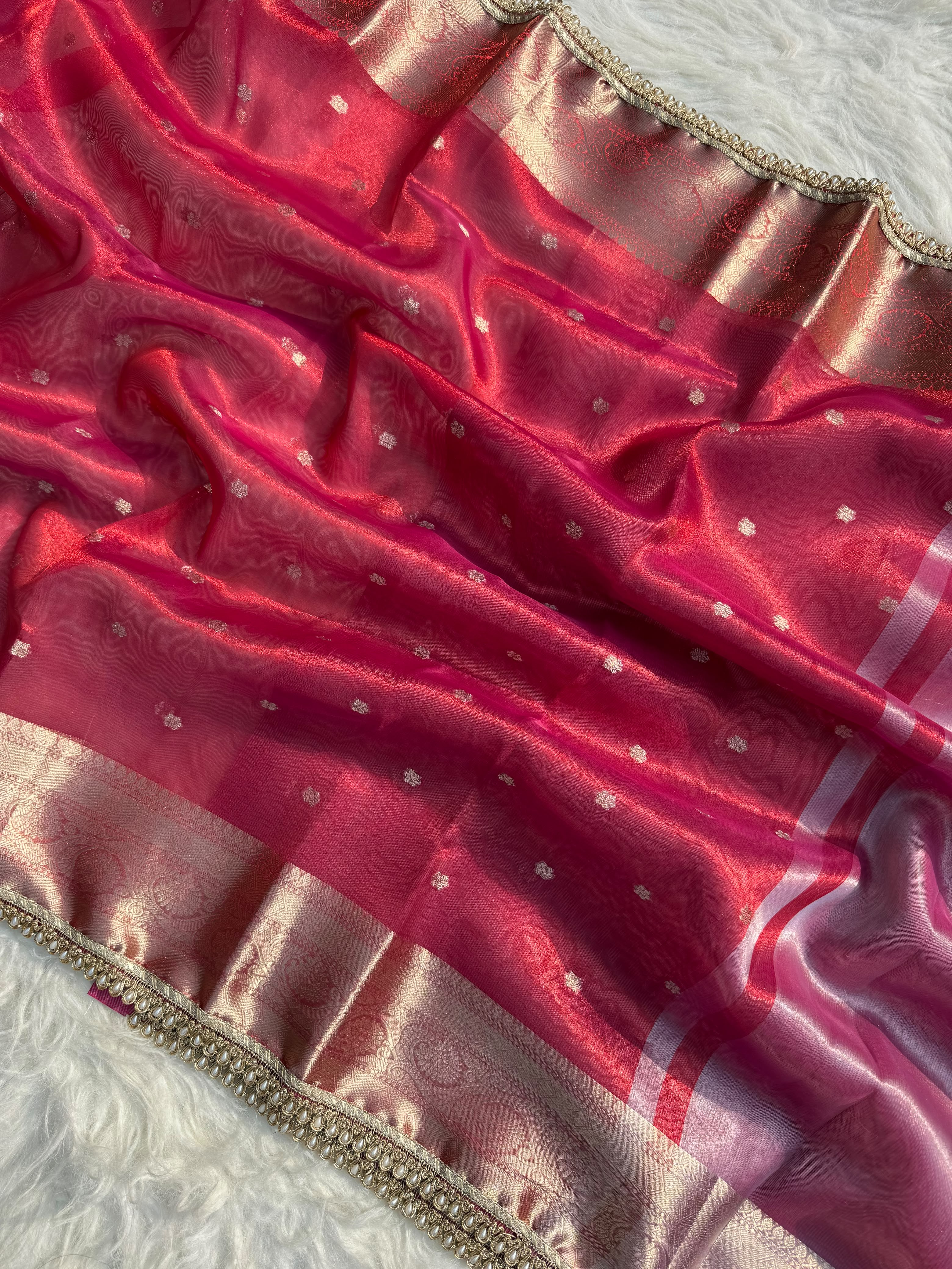 PREMIUM RED SHADE DESIGNER TISSUE SILK BOOTI SAREE WITH LACE ATTACHED
