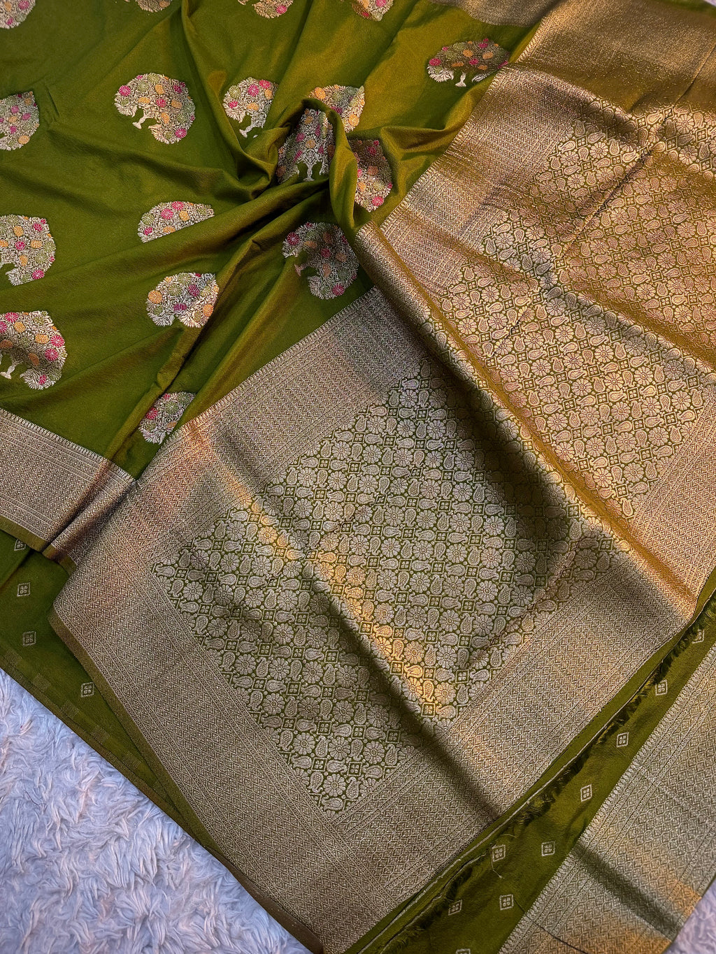 MAHENDI GREEN SHADE CHINON GEORGETTE SILK MEENAKARI SAREE