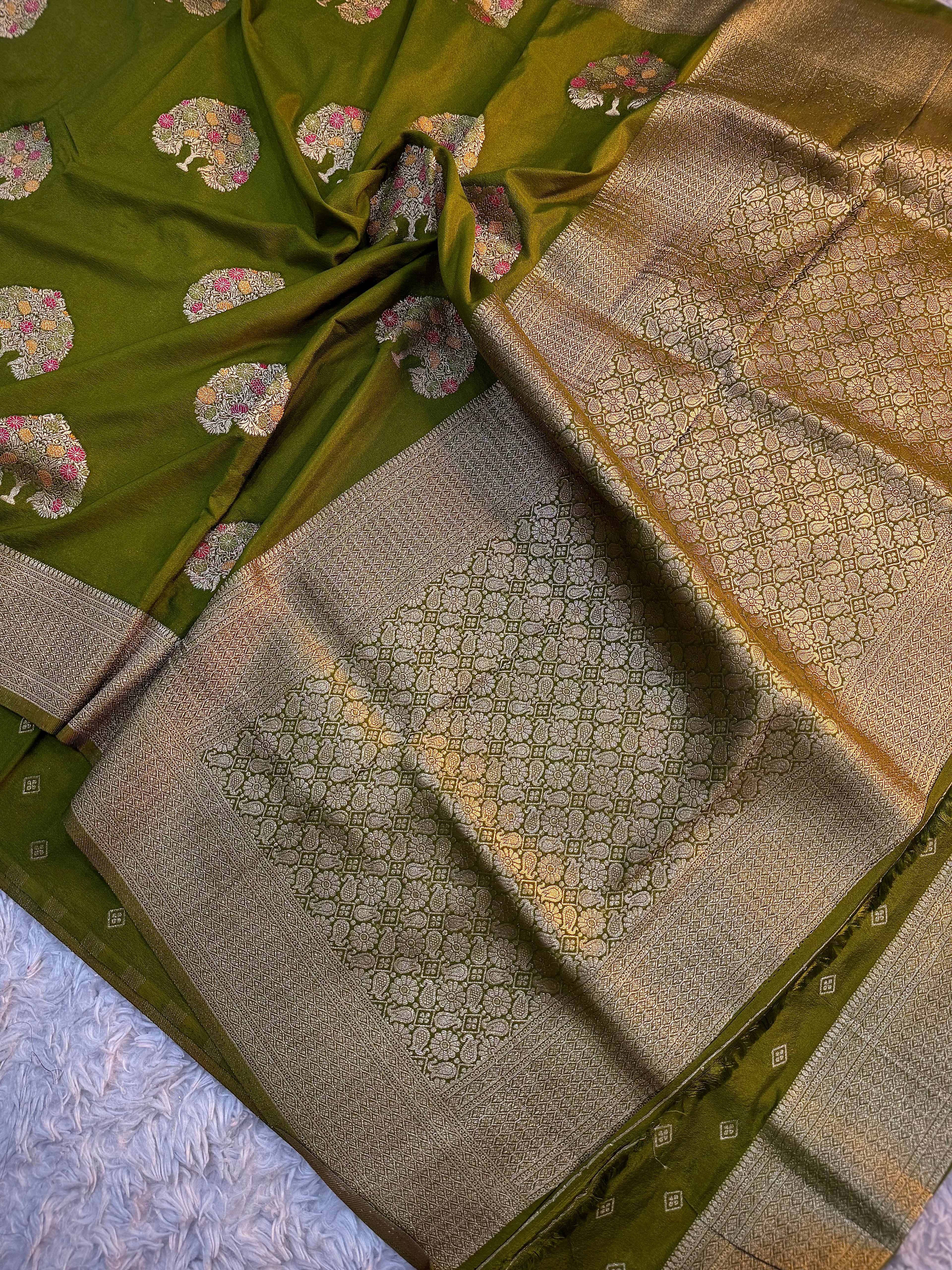 MAHENDI GREEN SHADE CHINON GEORGETTE SILK MEENAKARI SAREE