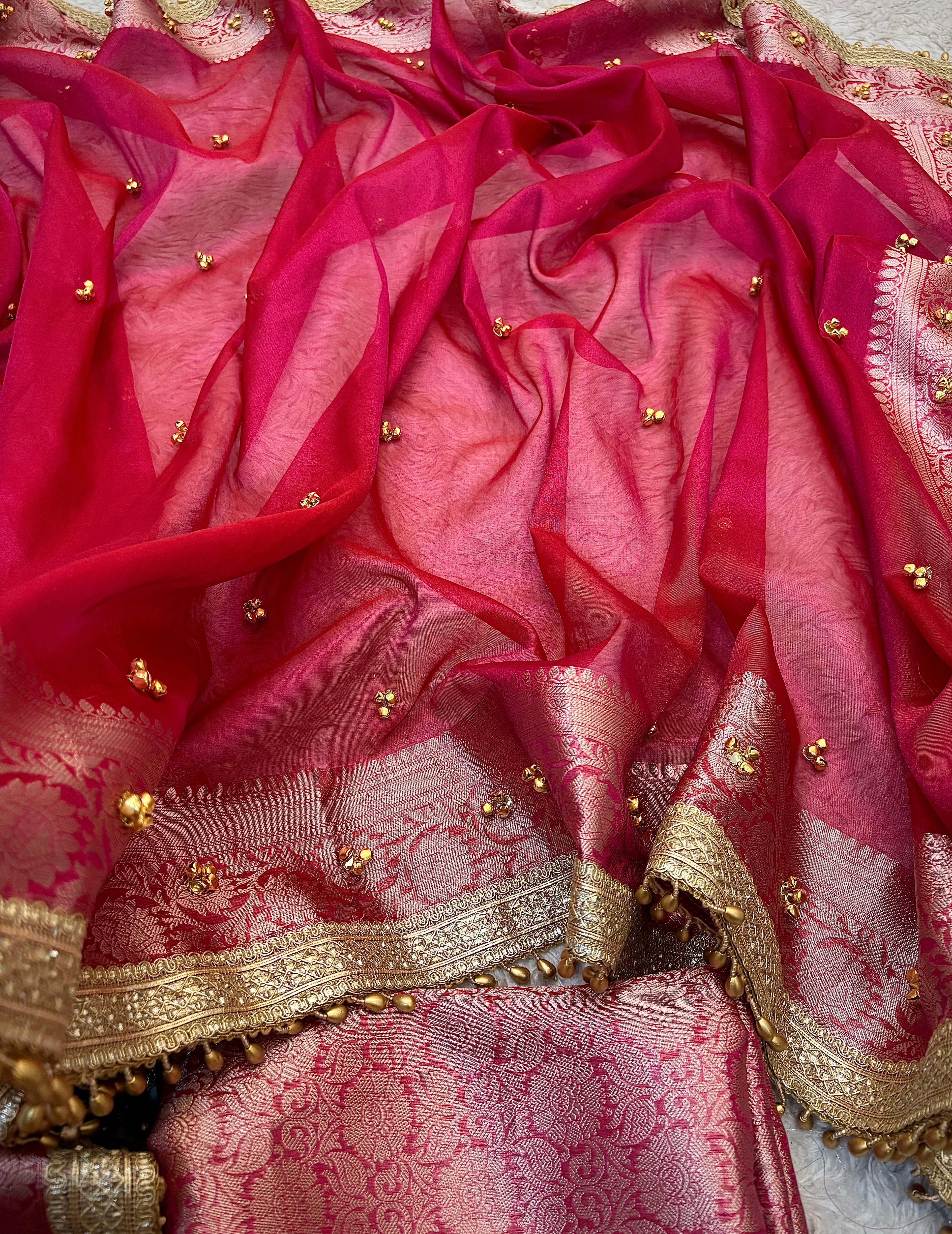 PREMIUM GHUNGROO WORK SOFT BANARASI TISSUE SILK DESIGNER SAREE