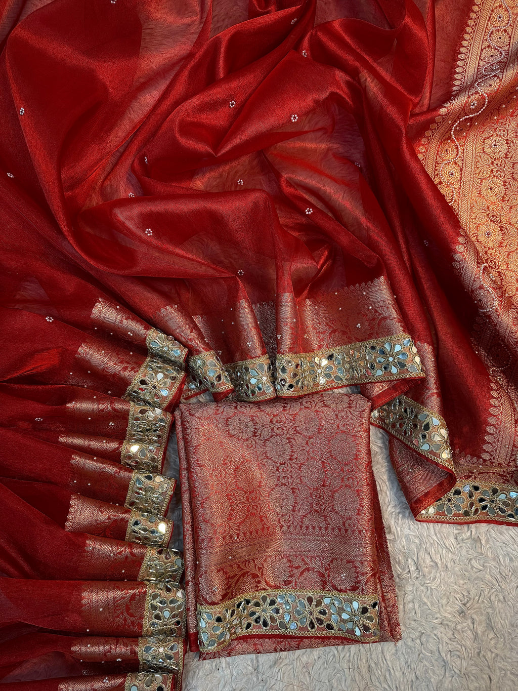 STONE WORK+MIRROR WORK BRIDAL RED SOFT TISSUE SILK DESIGNER SAREE
