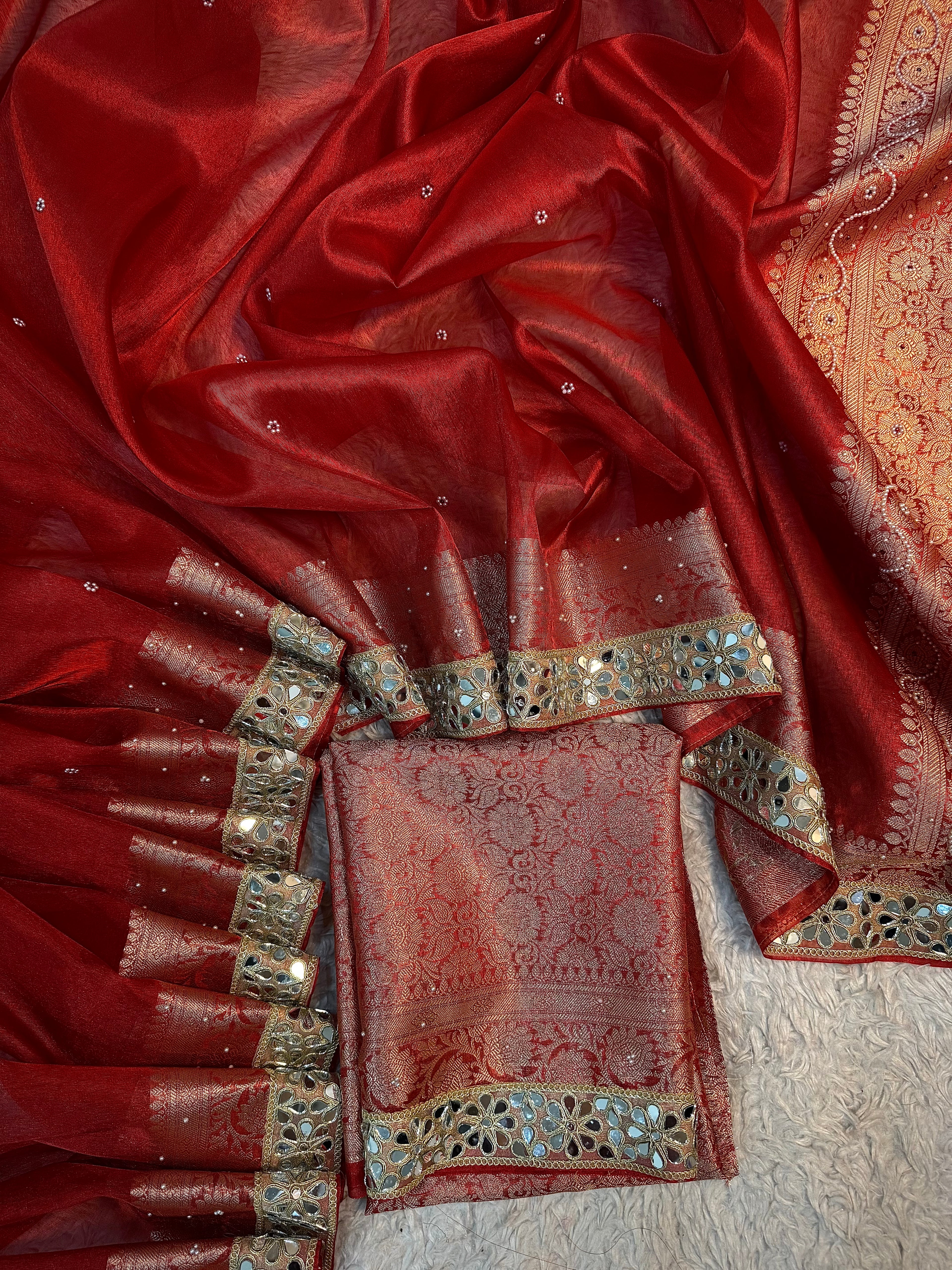 STONE WORK+MIRROR WORK BRIDAL RED SOFT TISSUE SILK DESIGNER SAREE