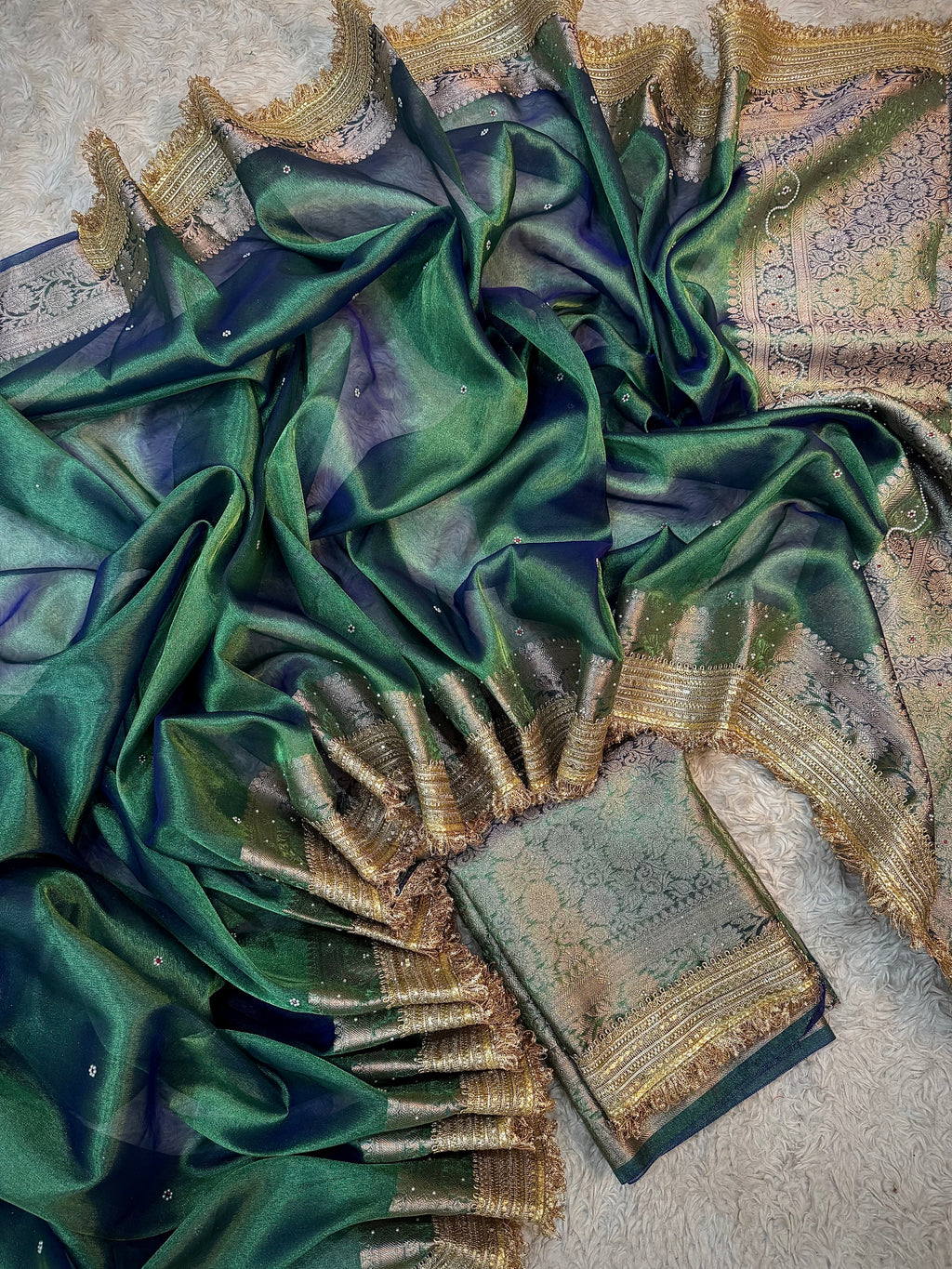 EXCLUSIVE PEACOCK GREEN SHADE SOFT TISSUE SILK SAREE DESIGNER HAND STONE WORK WITH LACE ATTACHED