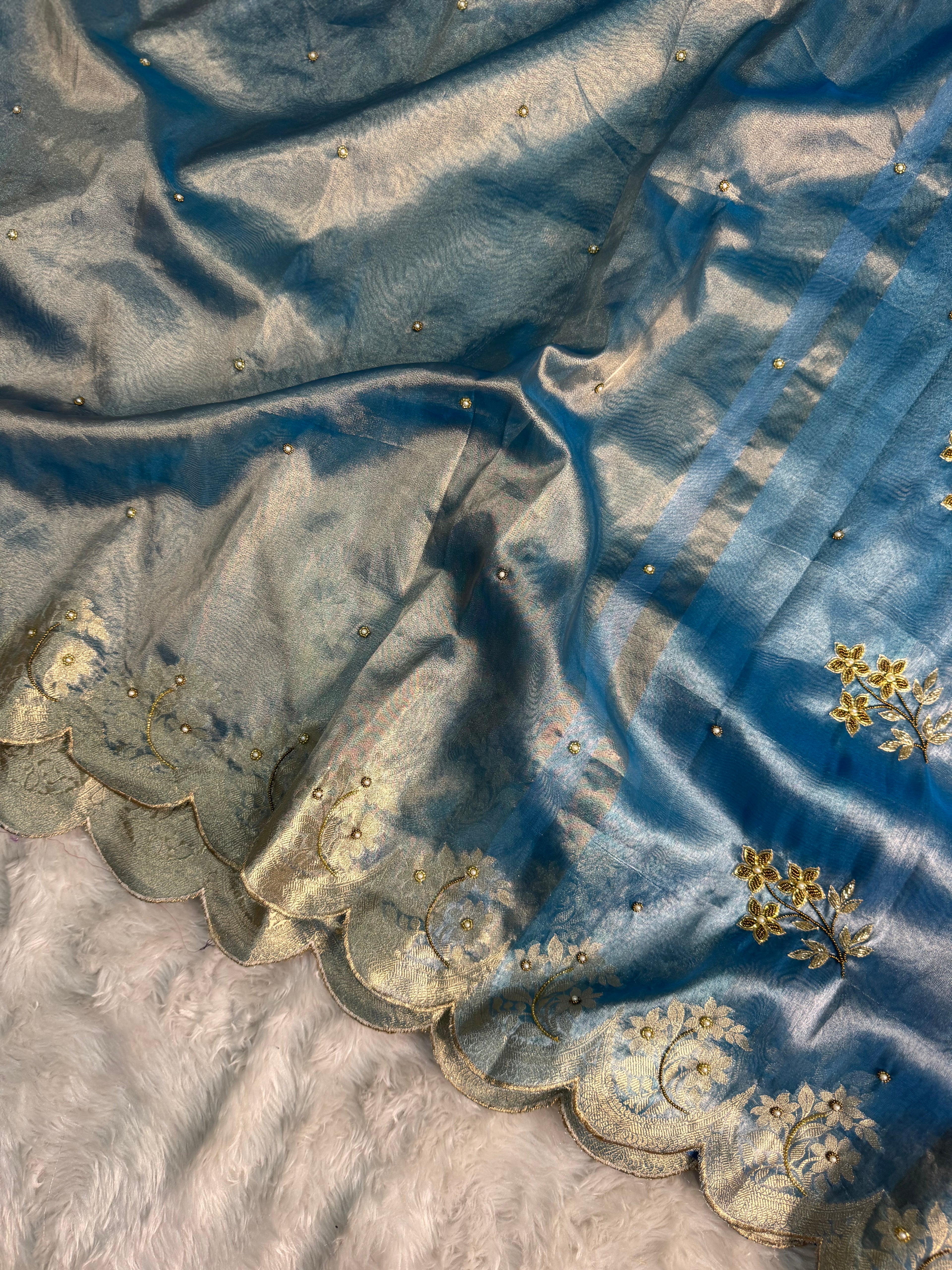 PREMIUM AQUA BLUE SHADE HANDWORK TISSUE SILK CUTWORK SAREE