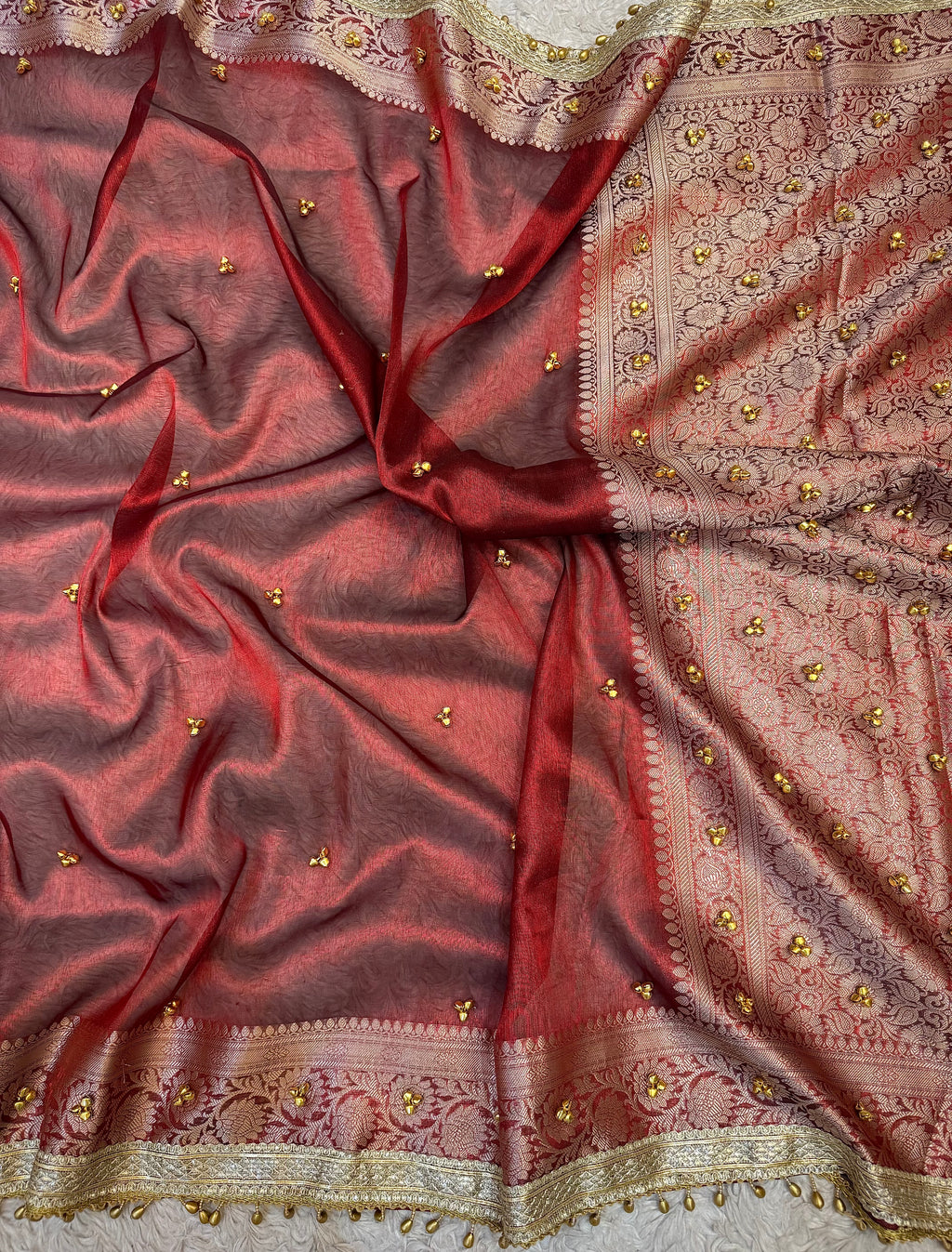 PREMIUM MAROON SHADE GHUNGROO WORK SOFT BANARASI TISSUE SILK DESIGNER SAREE