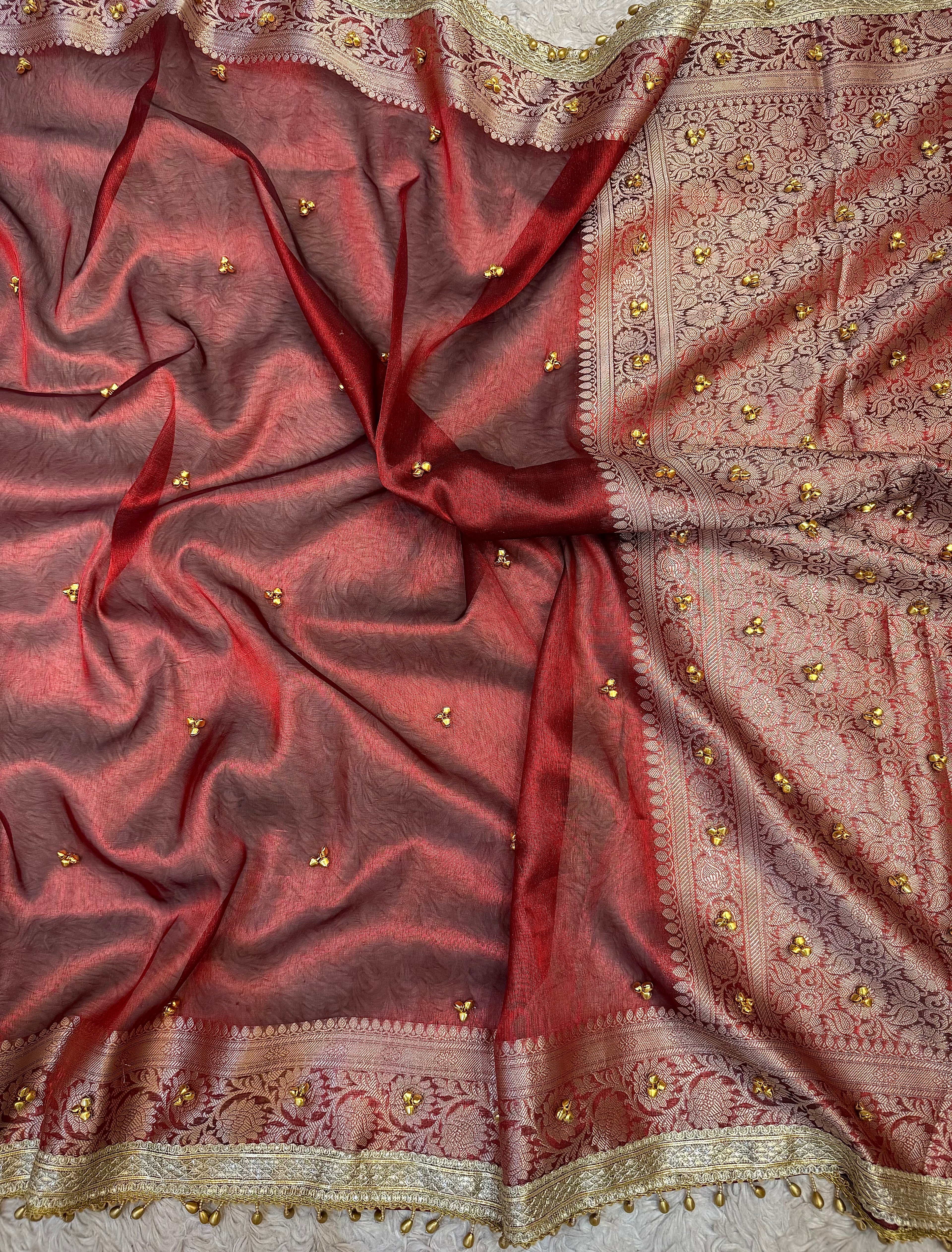 PREMIUM MAROON SHADE GHUNGROO WORK SOFT BANARASI TISSUE SILK DESIGNER SAREE