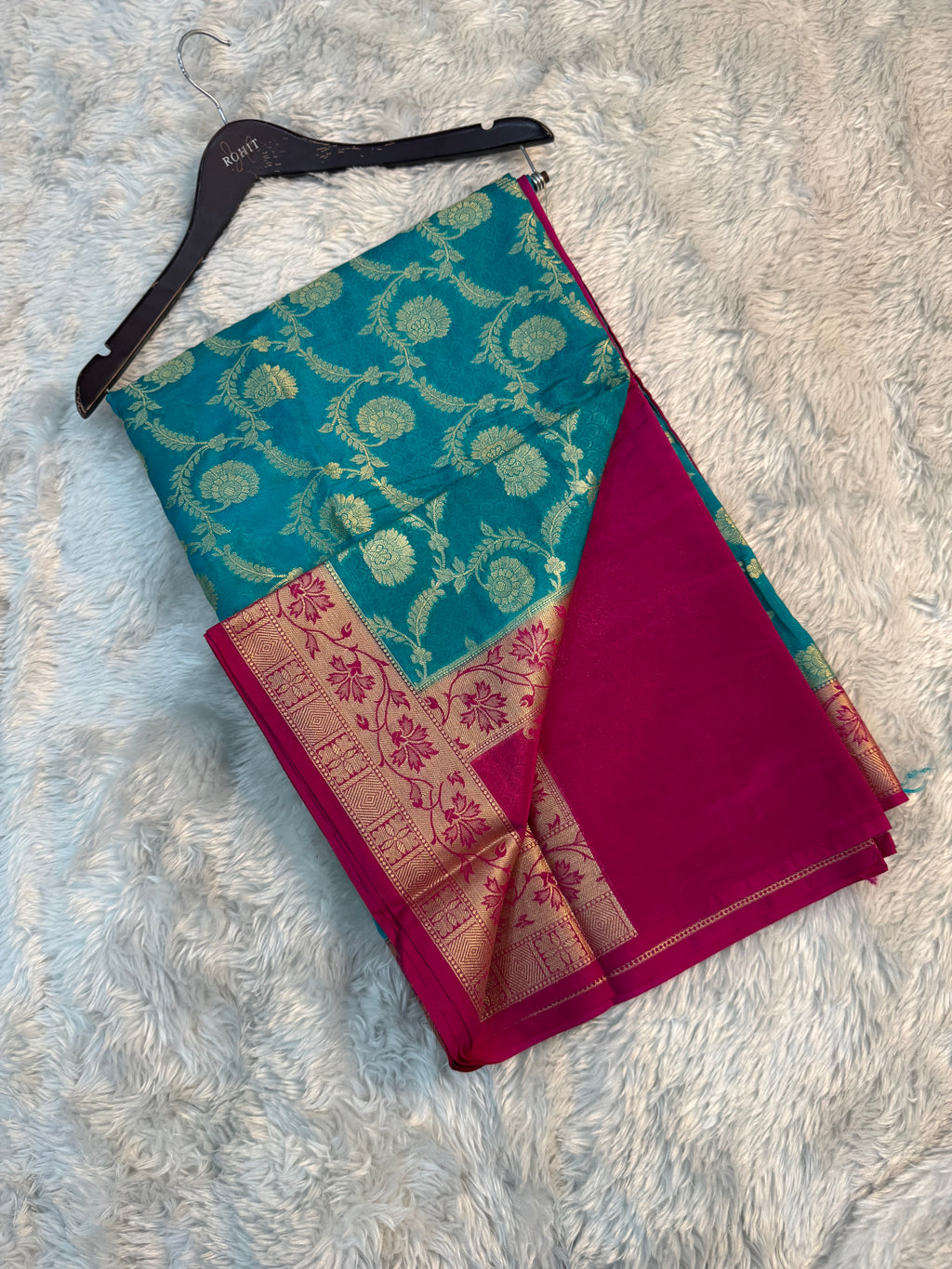 SEA GREEN AND RANI GEORGETTE BANARASI SAREE