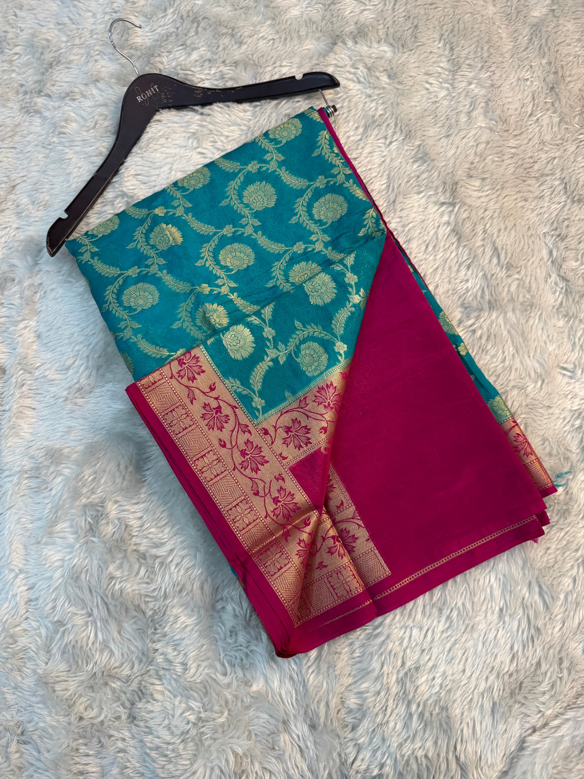 SEA GREEN AND RANI GEORGETTE BANARASI SAREE