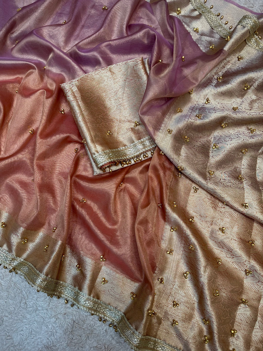 PREMIUM LAVENDER & PEACH SOFT BANARASI TISSUE SILK GHUNGROO WORK SAREE