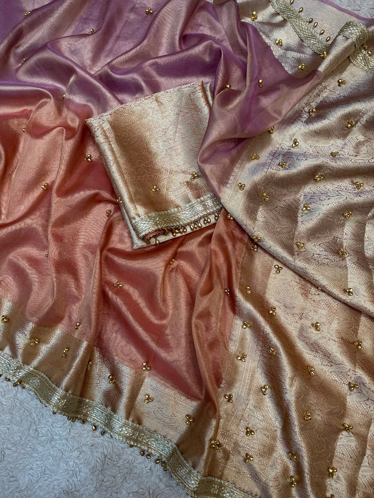 PREMIUM LAVENDER & PEACH SOFT BANARASI TISSUE SILK GHUNGROO WORK SAREE
