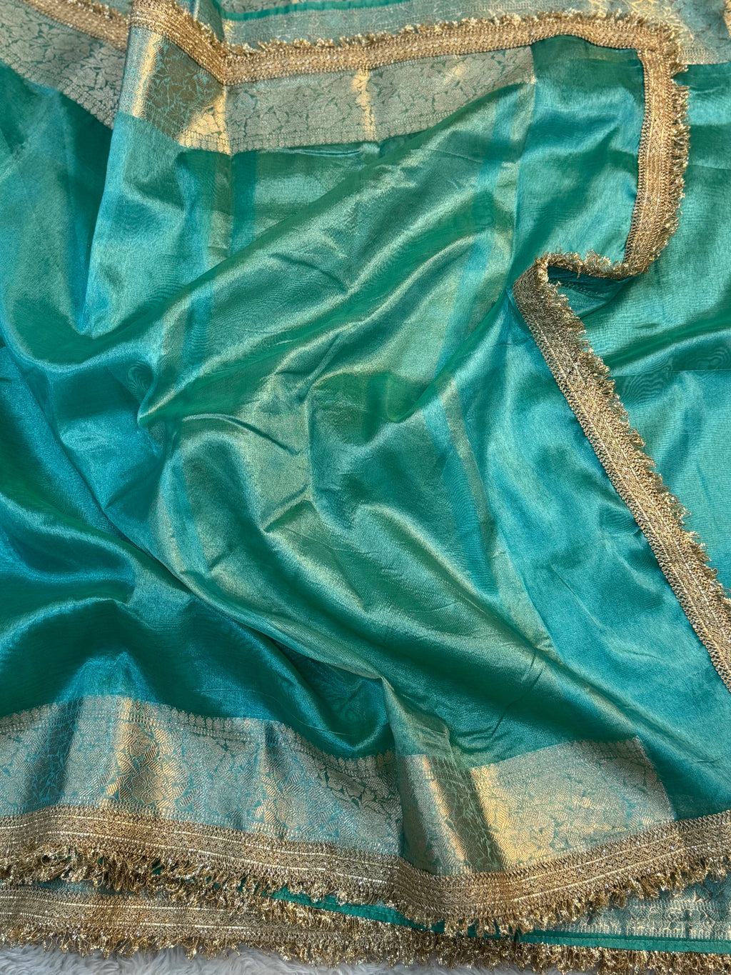 PREMIUM SEA GREEN SHADE SOFT TISSUE SILK SAREE WITH LACE ATTACHED