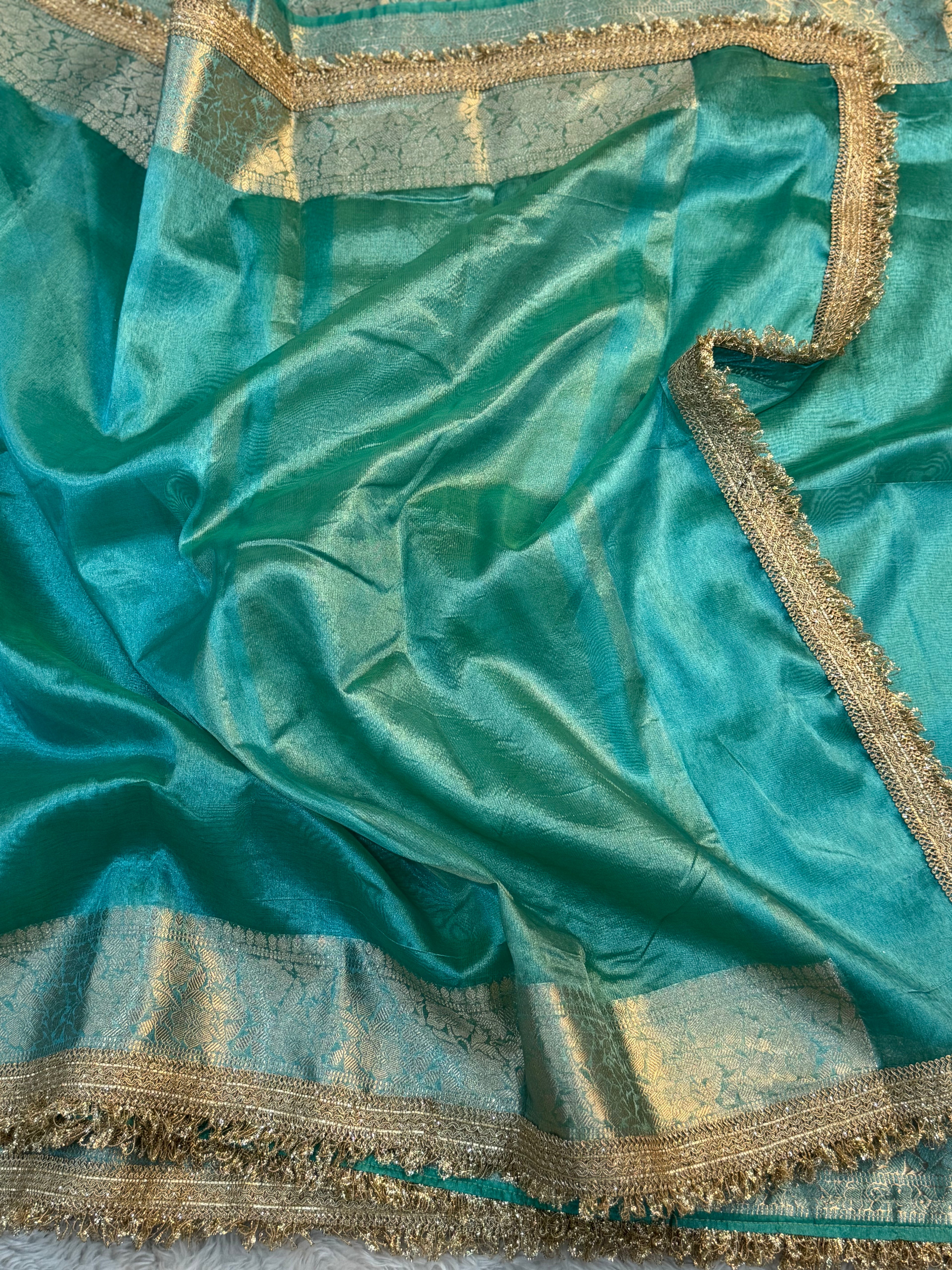 PREMIUM SEA GREEN SHADE SOFT TISSUE SILK SAREE WITH LACE ATTACHED
