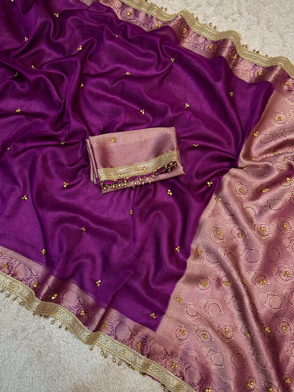 PREMIUM DEEP PURPLE SHADE GHUNGROO WORK SOFT BANARASI TISSUE SILK DESIGNER SAREE