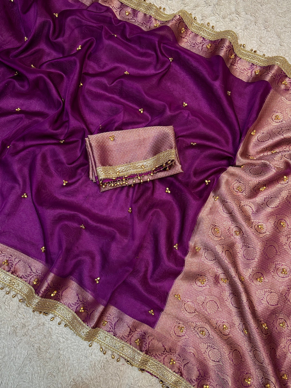 PREMIUM DEEP PURPLE SHADE GHUNGROO WORK SOFT BANARASI TISSUE SILK DESIGNER SAREE