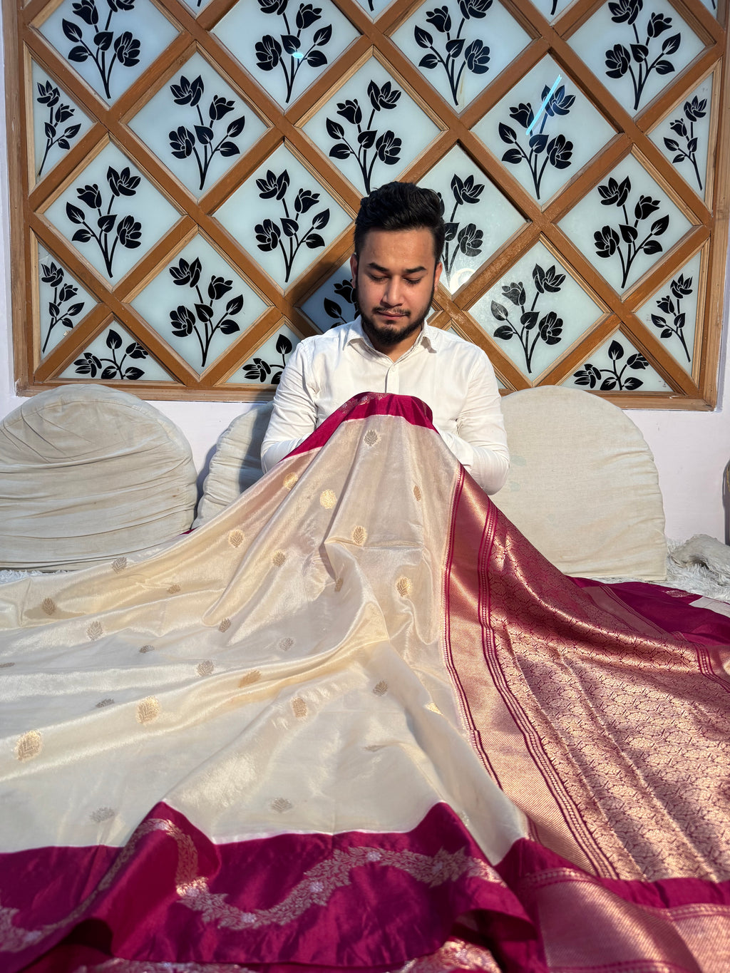 PREMIUM OFF WHITE WITH WINE SHADE BANARASI VISCOSE SILK WITH SATIN BORDER