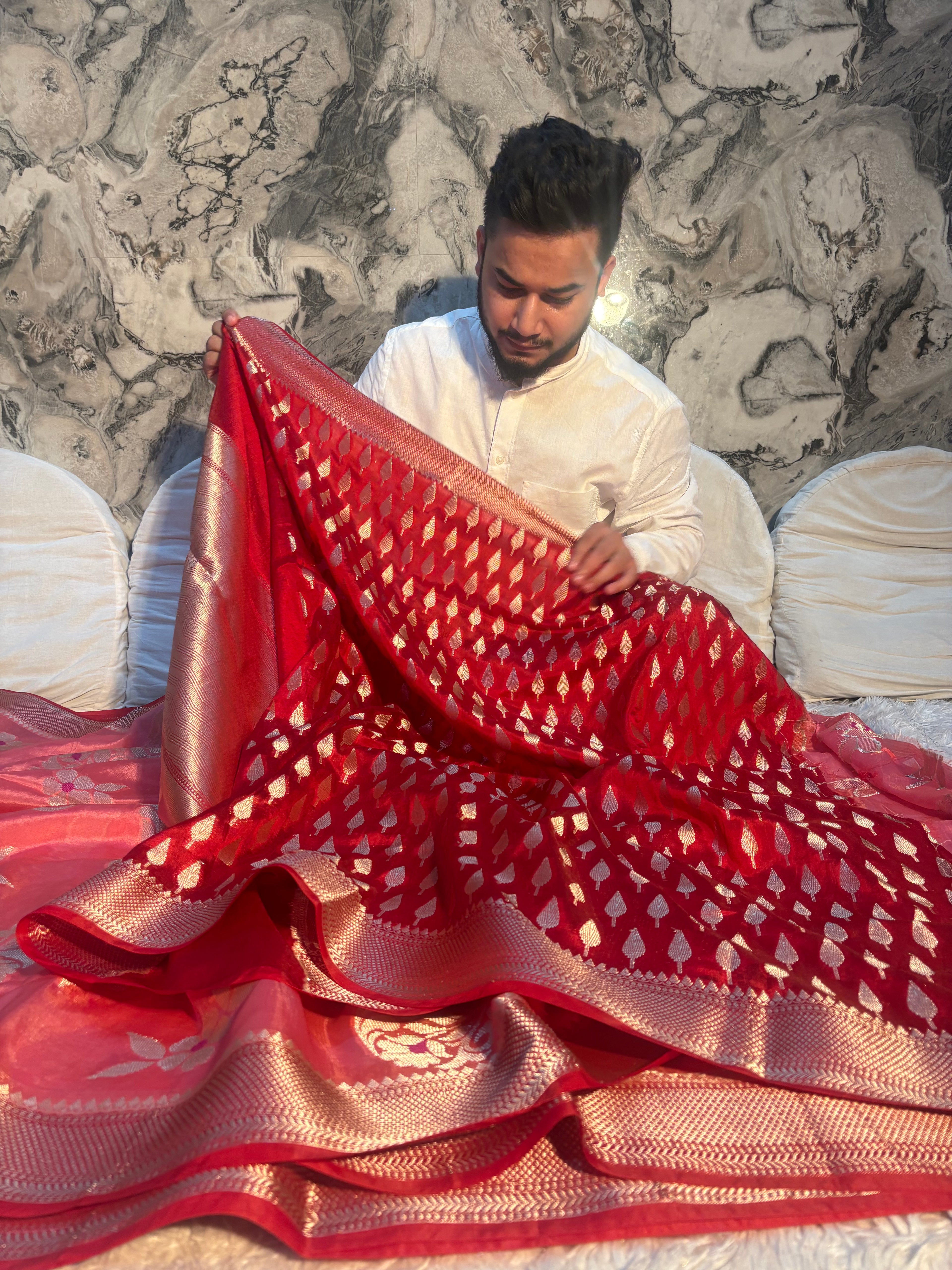 PREMIUM PEACH WITH RED SHADE BANARASI PAPER SILK SAREE WITH BEAUTIFUL DESIGN WEAVE