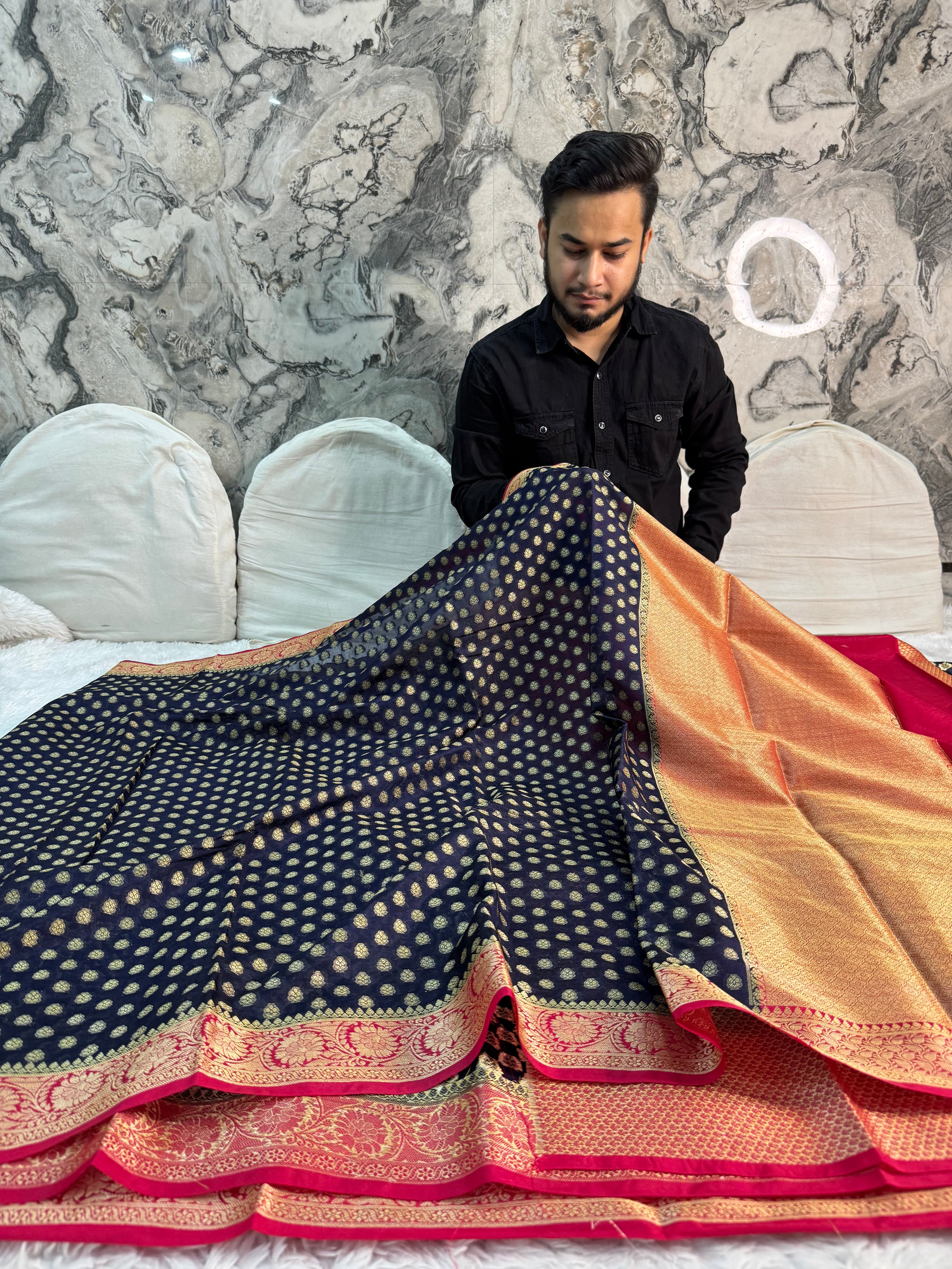 NEVY BLUE AND RED SHADE GEORGETTE BANARASI SAREE