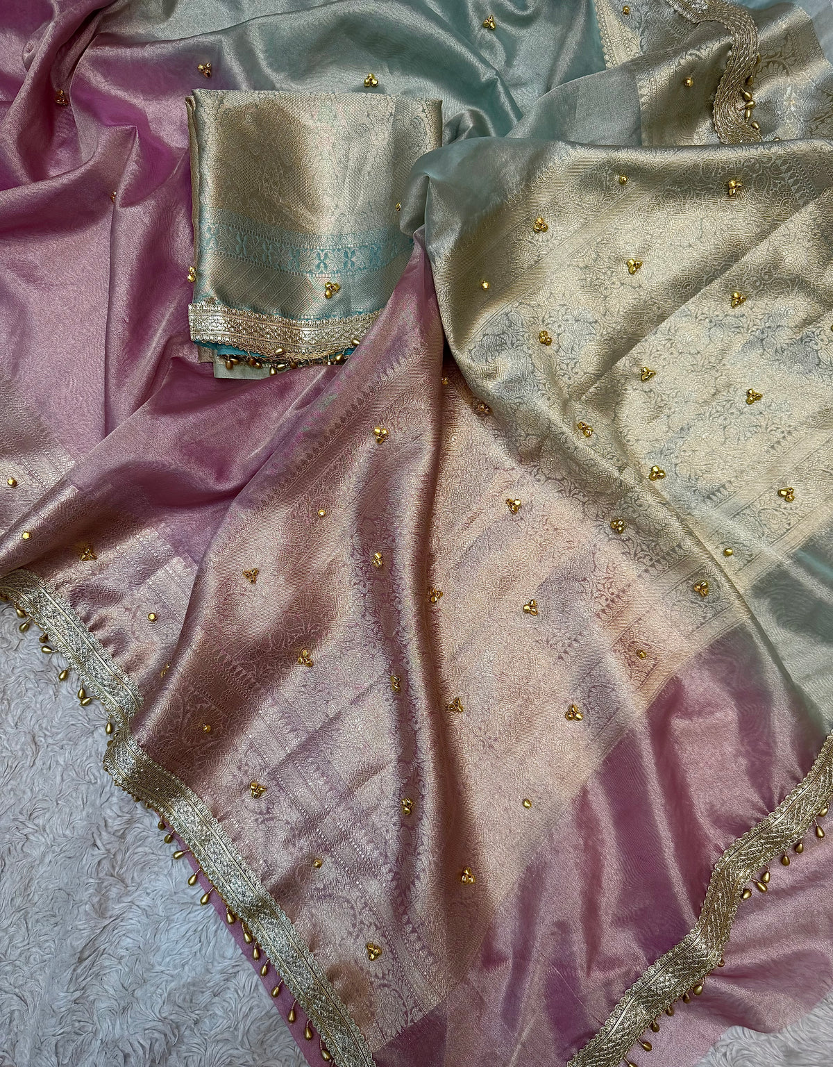 PREMIUM BABY PINK & SKY BLUE SOFT BANARASI TISSUE SILK GHUNGROO WORKS SAREE