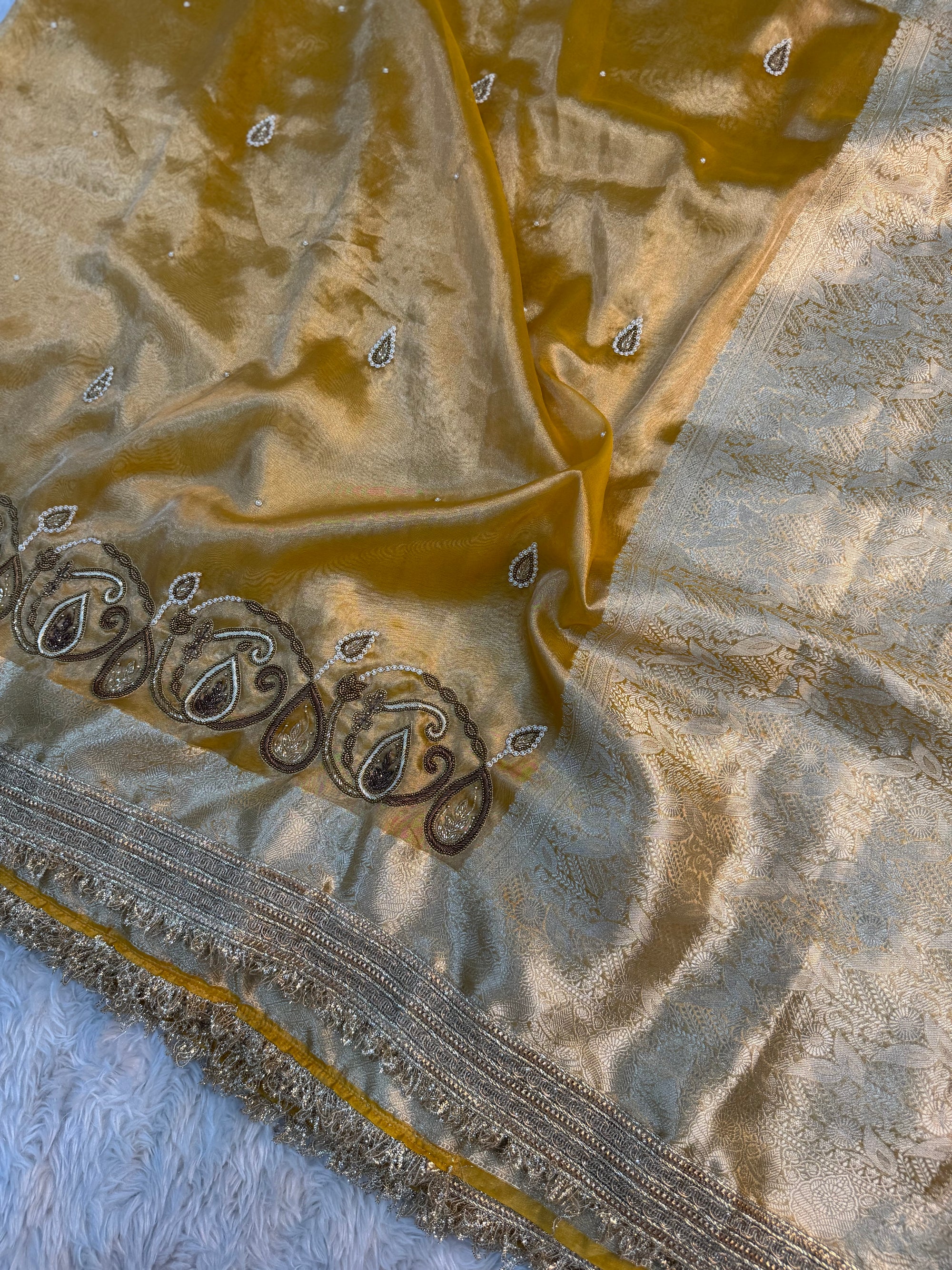 LUXURIOUS YELLOW SHADE SOFT TISSUE SILK WITH PREMIUM ZARDOZI AND LACE WORK