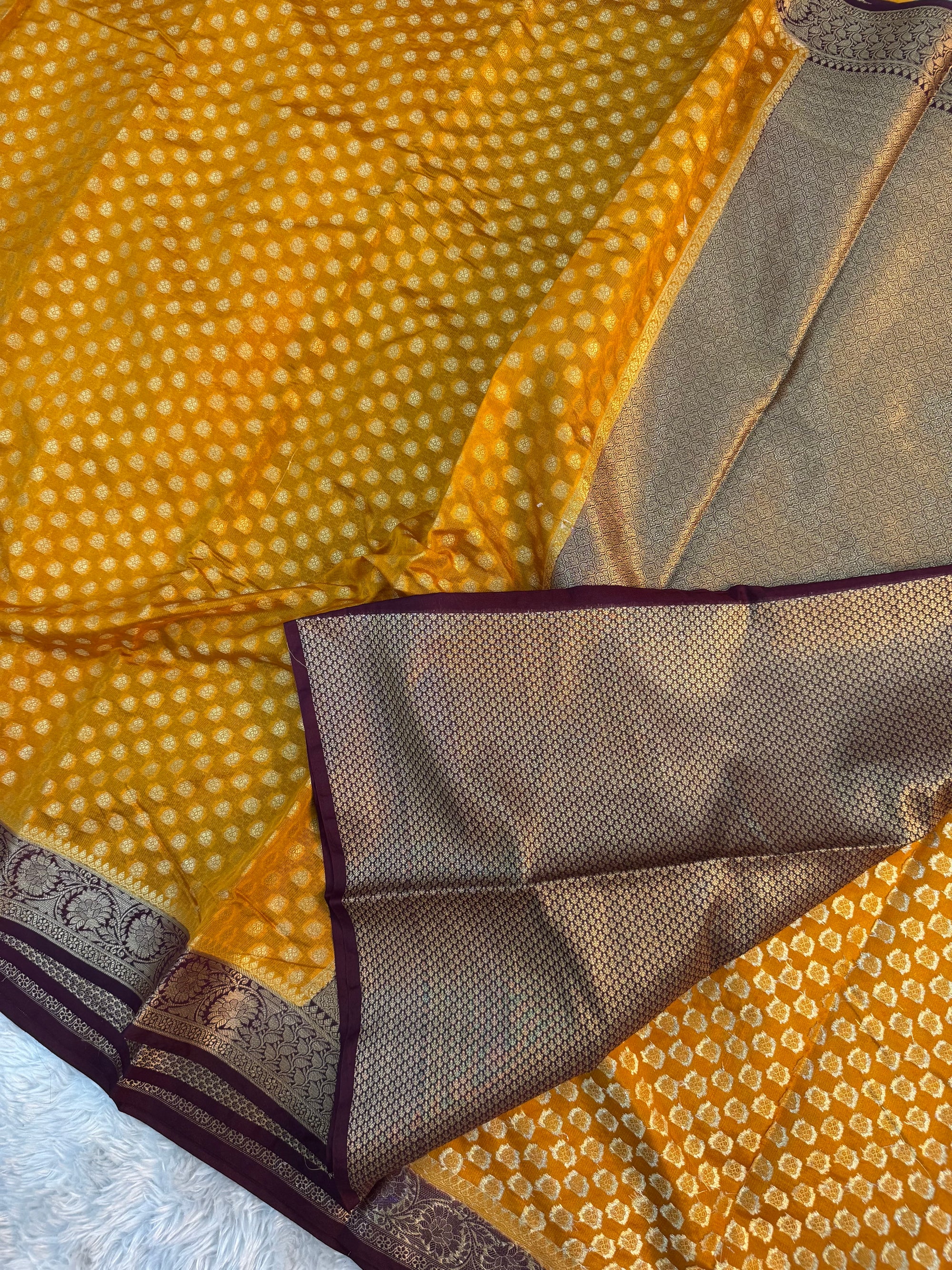 MUSTARD YELLOW AND WINE SHADE GEORGETTE BANARASI SAREE