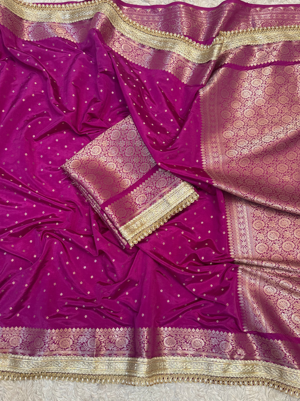 PREMIUM DEEP PURPLE SHADE GEORGETTE KATAN SILK SAREE WITH MOTI LACE ATTACHED