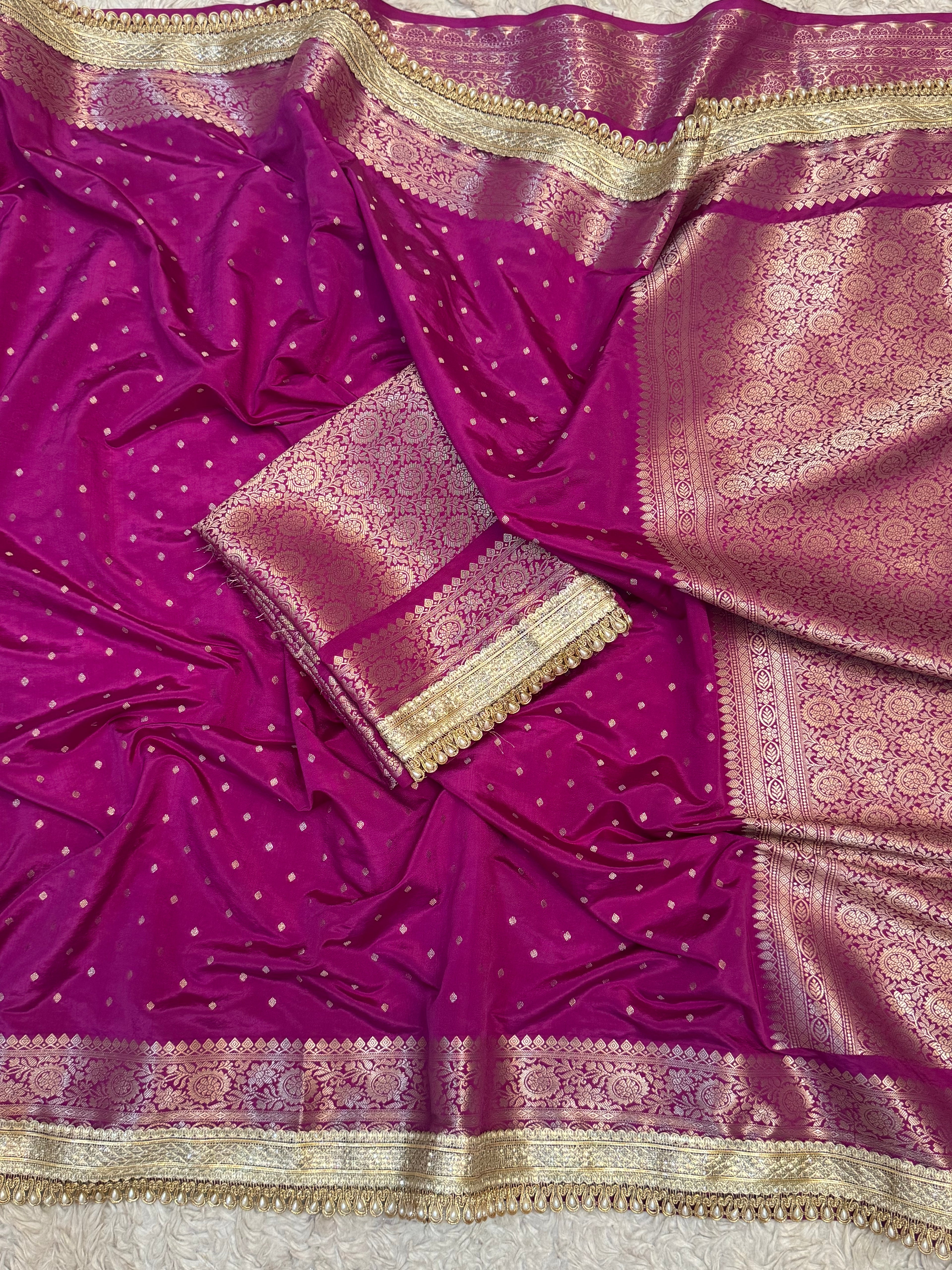 PREMIUM DEEP PURPLE SHADE GEORGETTE KATAN SILK SAREE WITH MOTI LACE ATTACHED