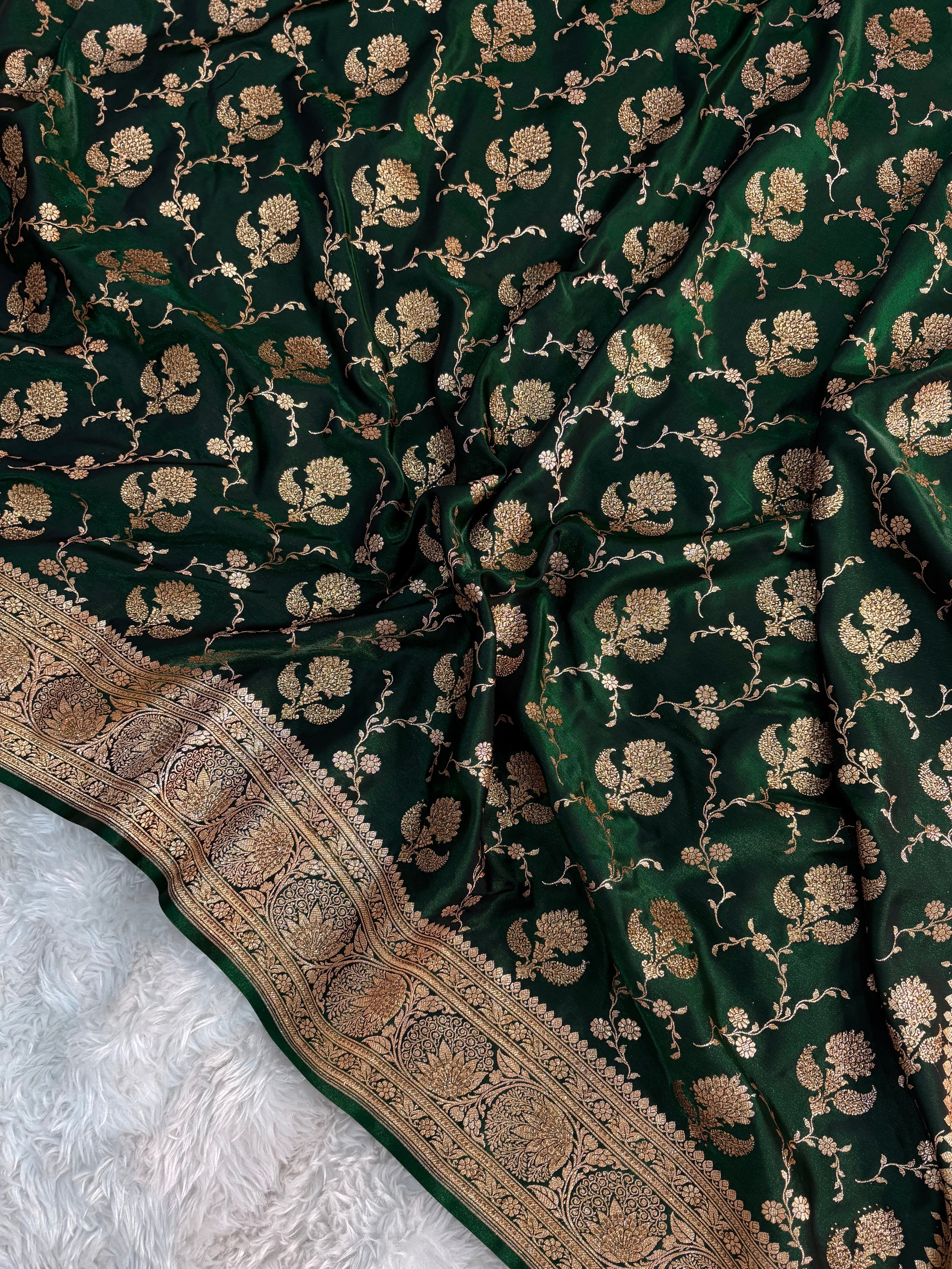LUXURIOUS BOTTLE GREEN SATIN KATAN SILK SAREE WITH PREMIUM SWAROSKI WORK
