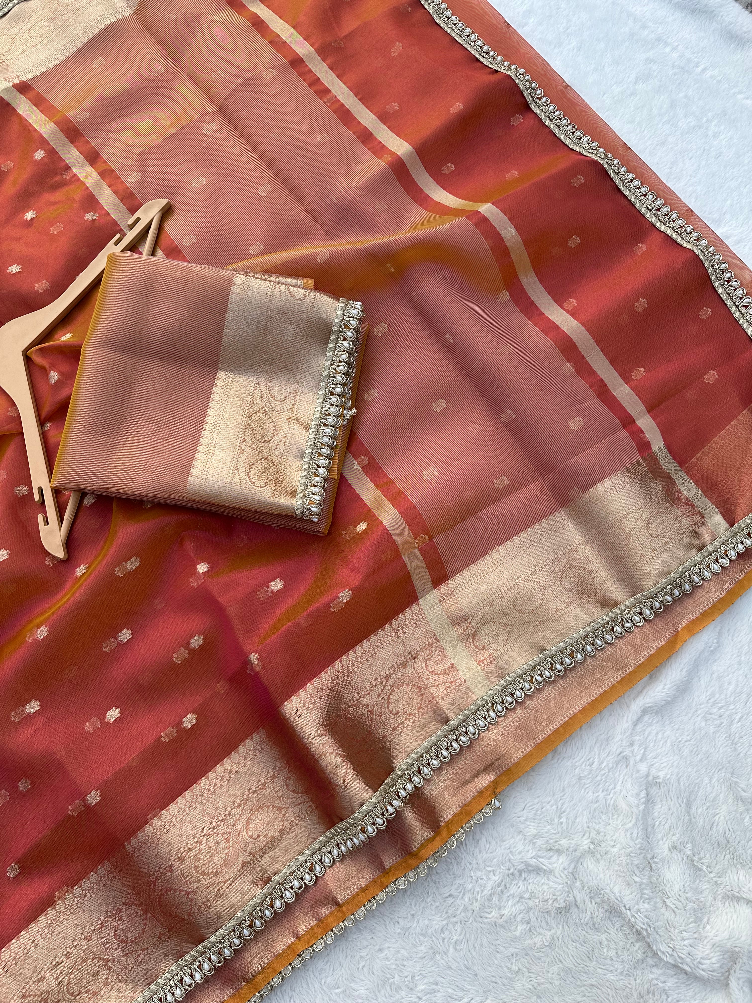 PREMIUM PINK AND ORANGE SHADE DESIGNER TISSUE SILK BOOTI SAREE WITH LACE ATTACHED