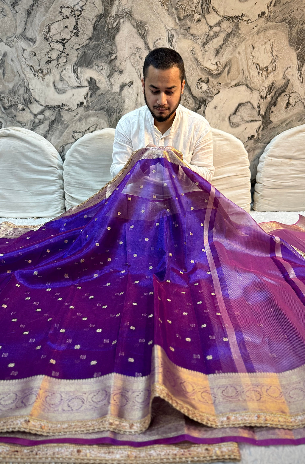 PREMIUM BAIGANI SHADE DESIGNER TISSUE SILK BOOTI SAREE WITH LACE ATTACHED
